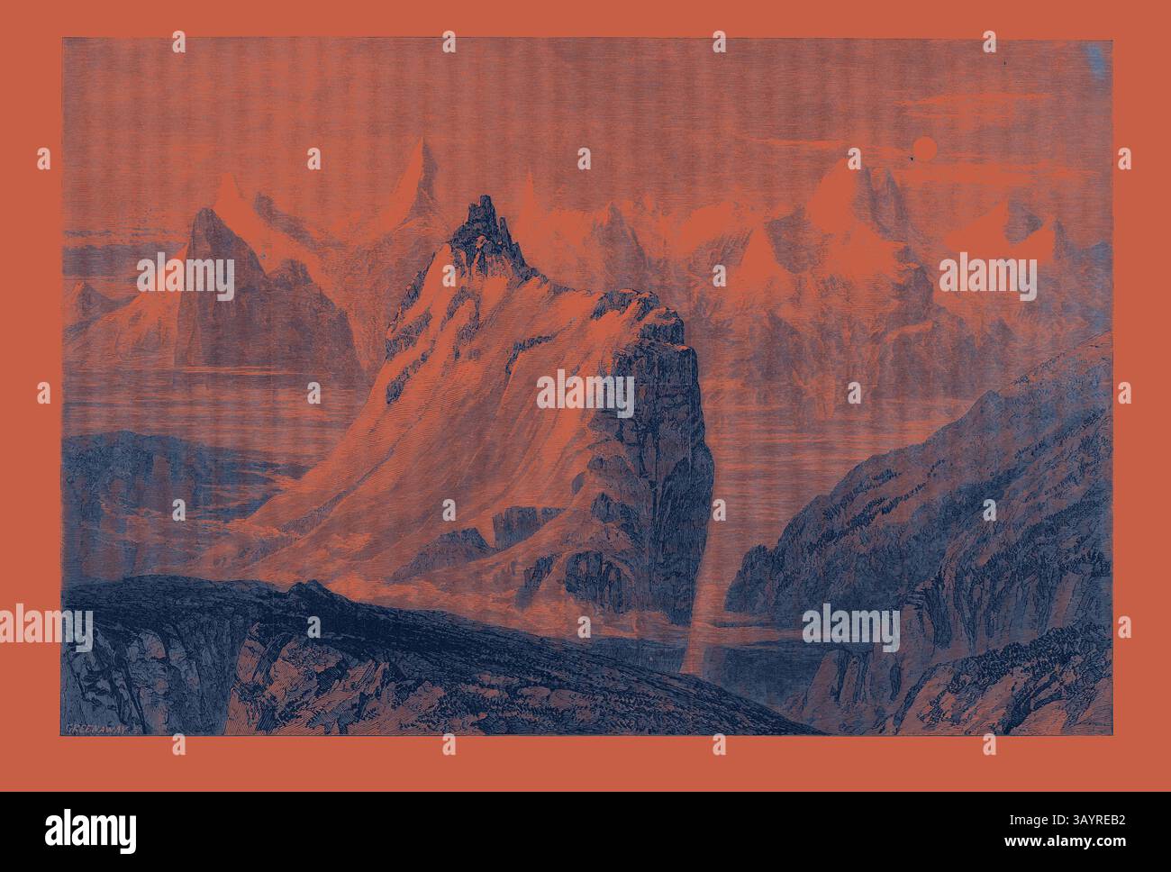 Un paysage montagneux spectaculaire présente des sommets imposants, des falaises accidentées et une atmosphère sereine, rehaussée par un contraste de couleurs saisissant en arrière-plan. La scène évoque un sens de l'aventure et la grandeur de la nature. Les montagnes de l'Oberland depuis le Faulhorn à l'exposition de la Société des peintres en aquarelles 1866 Art classique avec une touche moderne réinventé par Artotop Banque D'Images