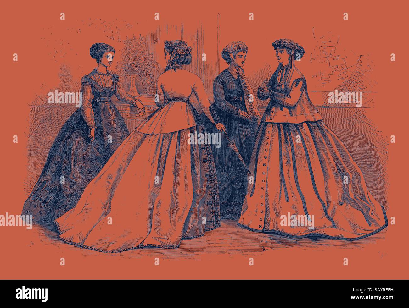 Un groupe de femmes élégamment habillées, aux côtés d'un homme, s'engagent dans la conversation, mettant en valeur la mode d'une époque révolue avec des jupes volumineuses et des détails complexes. Paris Fashions pour juin 1866 Art classique avec une touche moderne réinventée par Artotop Banque D'Images