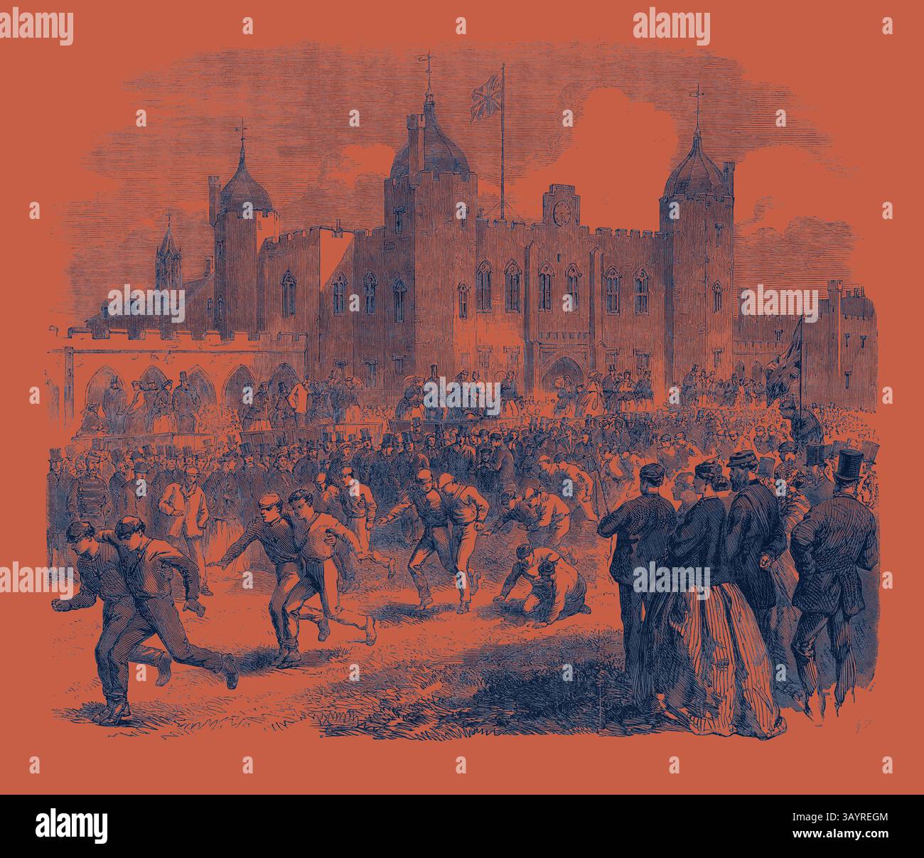 Une scène animée représentant un événement sportif historique avec des foules enthousiastes rassemblées autour d'athlètes en compétition, face à un bâtiment orné ressemblant à un château en arrière-plan. Jeux d'athlétisme à la Royal Military Academy Woolwich : The Three-Legged Race UK 1866 Art classique avec une touche moderne réinventée par Artotop Banque D'Images