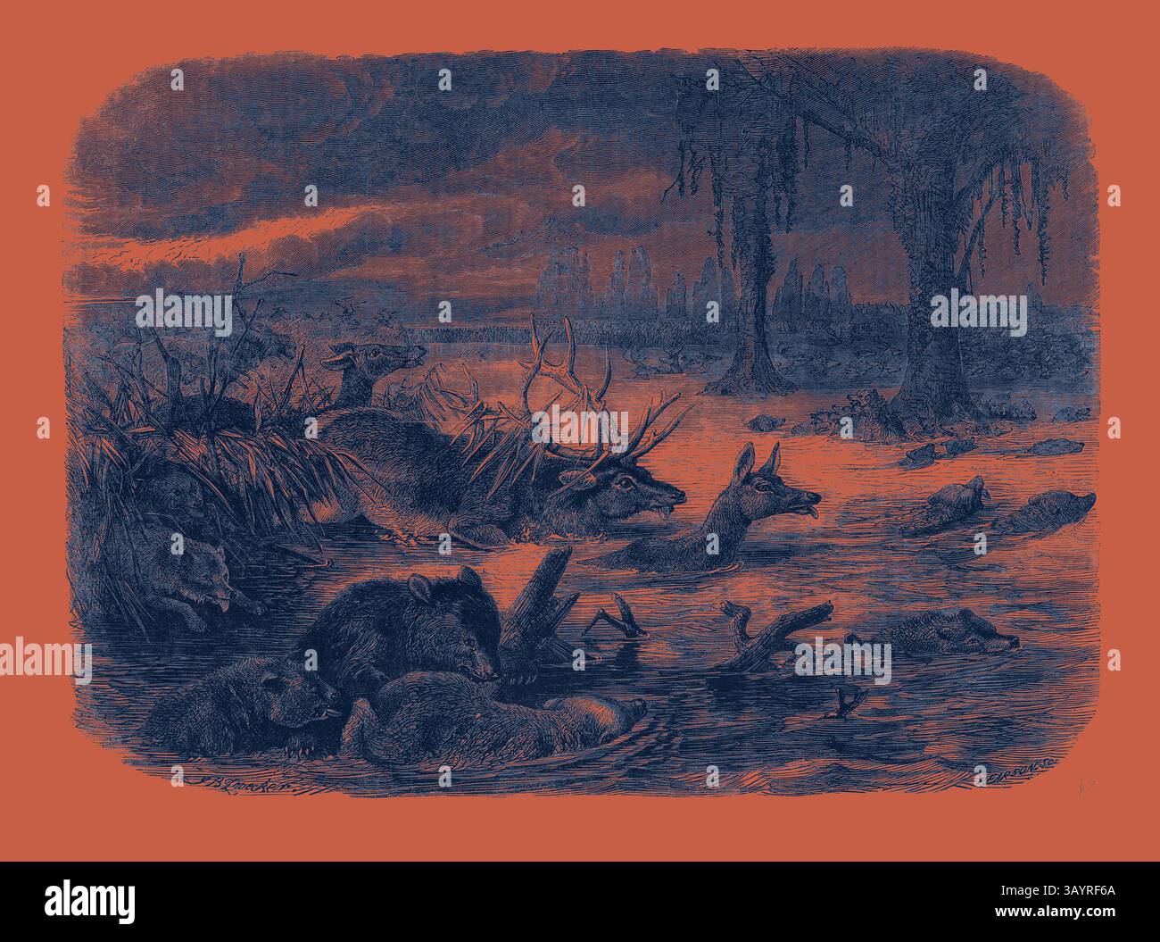 Un paysage serein présente divers animaux, y compris des cerfs et des ours, pataugant dans une étendue d'eau calme, encadrée par une végétation luxuriante et des silhouettes de ville lointaine contre un ciel spectaculaire. Animaux prenant refuge d'un feu de Prairie Art classique avec une touche moderne réinventée par Artotop Banque D'Images