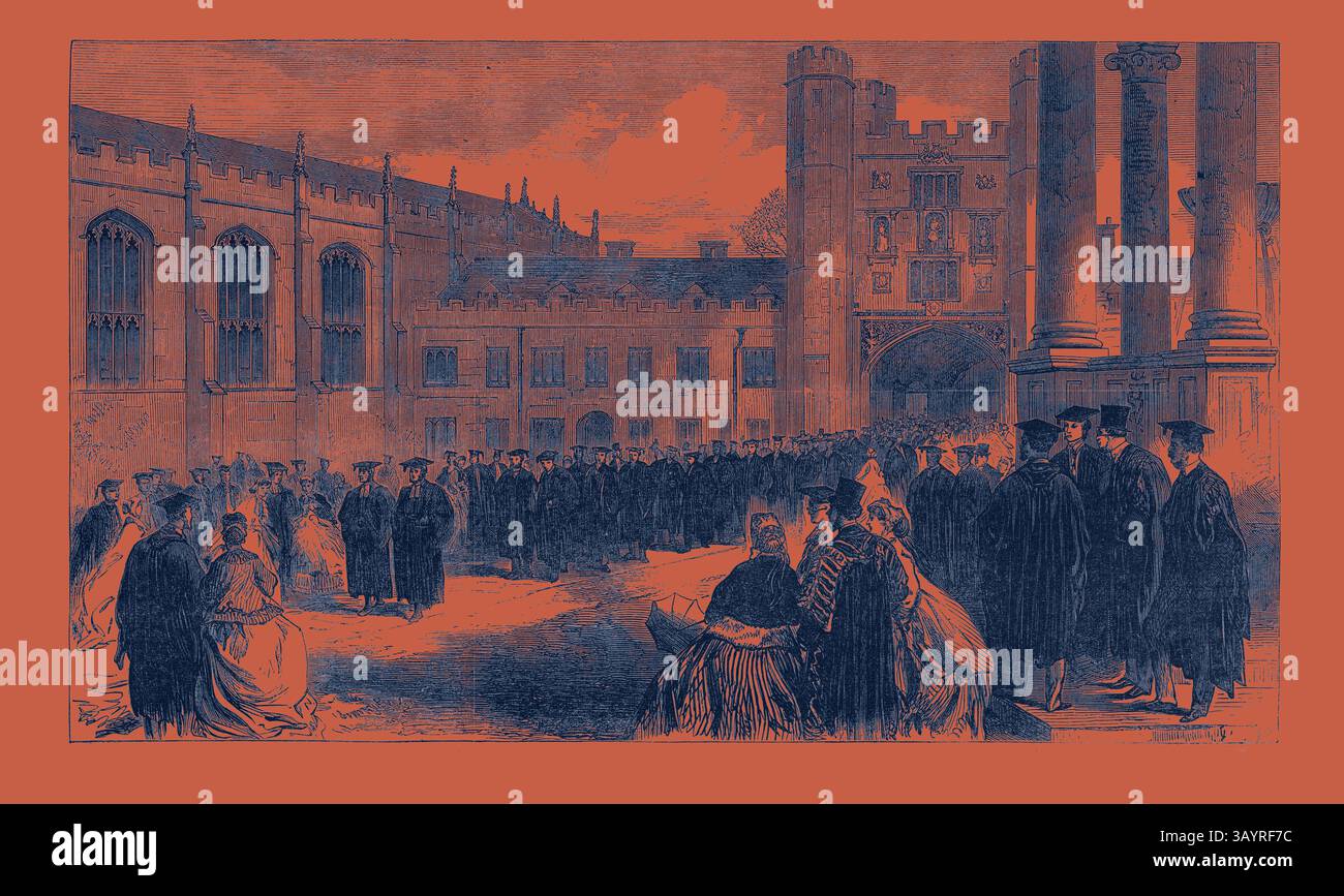 Un grand rassemblement d'individus élégamment habillés en tenue académique, sur fond architectural grandiose. La scène capture un moment de célébration ou de cérémonie, avec des gens engagés dans la conversation et reflétant l'ambiance traditionnelle d'une institution estimée. Procession à la Chapelle Trinity College Cambridge UK 1866 Art classique avec une touche moderne réinventée par Artotop Banque D'Images