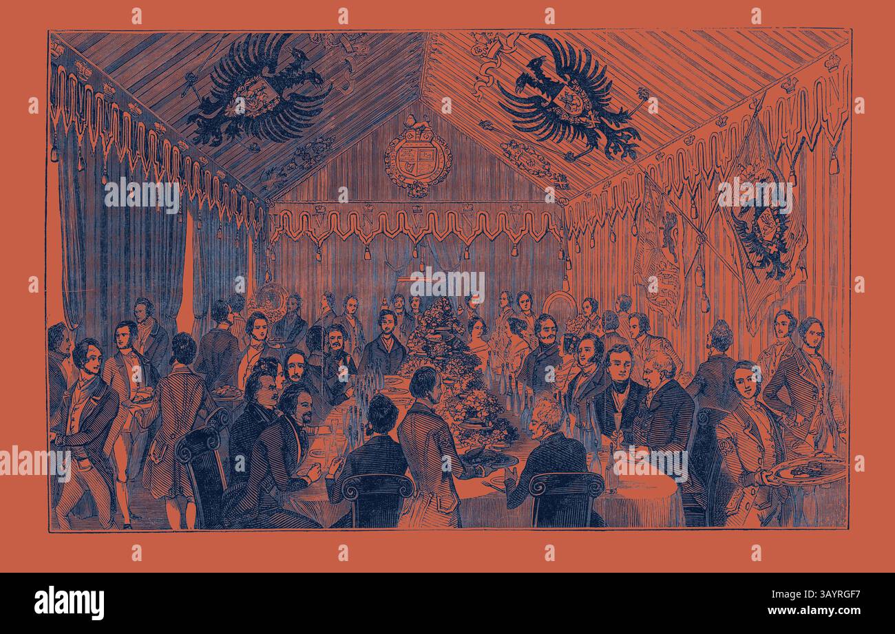 Une scène de banquet grandiose remplie d'invités élégamment habillés assis autour d'une table richement ornée, entourée de décorations, de bannières et d'emblèmes ornés, suggérant une célébration ou un rassemblement formel dans un cadre historique. Banquet dans le Pavillon Impérial Art classique avec une touche moderne réinventée par Artotop Banque D'Images