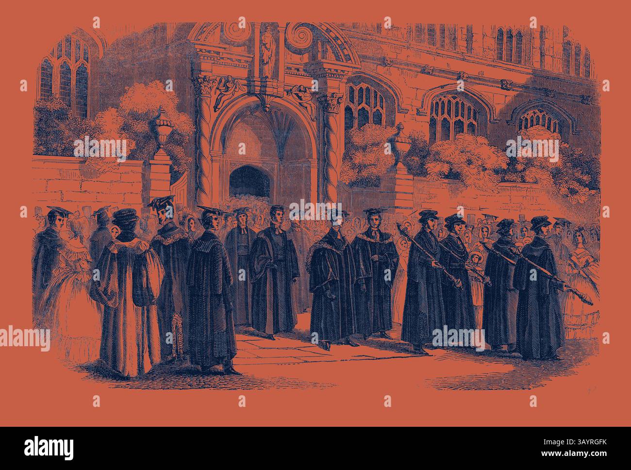 Une scène représentant un groupe de diplômés en robes et casquettes traditionnelles, rassemblés à l'extérieur d'un grand bâtiment universitaire, avec des spectateurs en tenue élégante, célébrant l'événement avec un air de fierté académique et de fête. La procession de la part de Mary's. Art classique avec une touche moderne réinventé par Artotop Banque D'Images