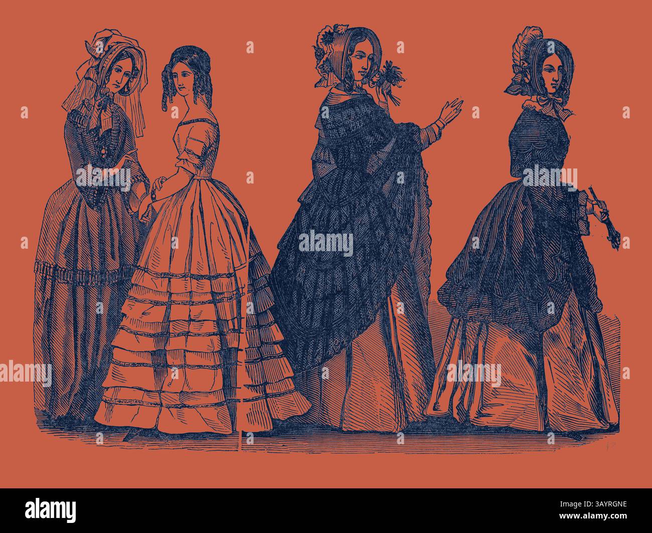 Une série de femmes élégamment habillées d'une époque passée, présentant divers styles de la mode du XIXe siècle, avec des détails complexes dans leurs robes et accessoires. Mode pour juillet Art classique avec une touche moderne réinventée par Artotop Banque D'Images