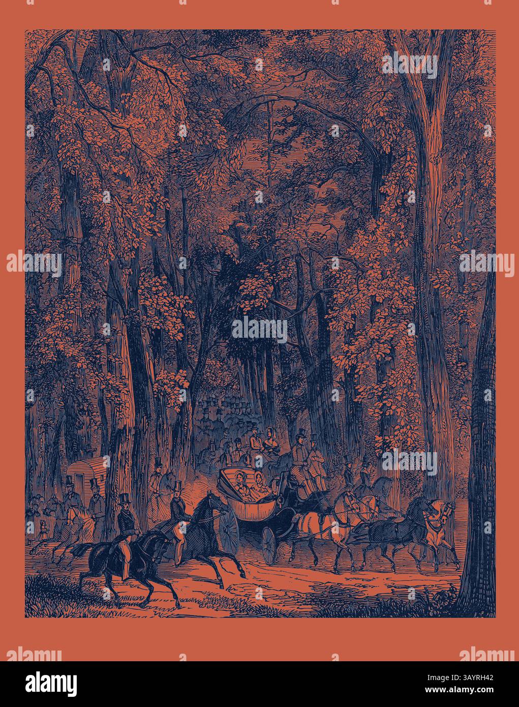 Une scène animée dans une forêt luxuriante, où plusieurs cavaliers naviguent à travers des arbres denses, tandis qu'une calèche se déplace le long d'un chemin. L'atmosphère est animée, avec des feuillages créant une riche toile de fond et des notes de mouvement suggérant un voyage ou un rassemblement. Route à travers Goodwood Park. Art classique avec une touche moderne réinventé par Artotop Banque D'Images
