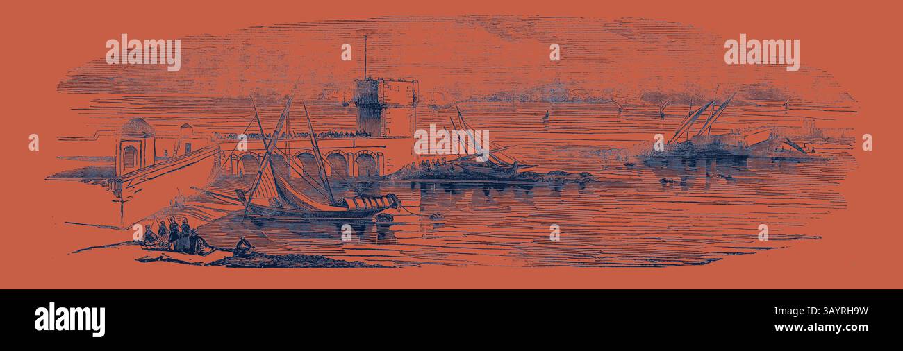 Une scène sereine de front de mer avec des bateaux doucement ancrés par un pont, avec des structures éloignées et un plan d'eau calme reflétant la tranquillité du cadre. Island of Mogadore Art classique avec une touche moderne réinventée par Artotop Banque D'Images