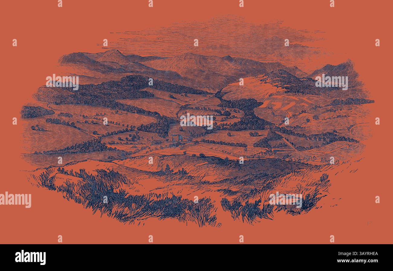 Un paysage panoramique présente des collines ondulantes et un terrain varié sous un ciel spectaculaire, avec une rivière sinueuse coupant à travers les vallées luxuriantes et les arbres parsemant la vue panoramique. Blair Castle et Glen Tilt, du haut de l'art classique de Tulloch avec une touche moderne réinventée par Artotop Banque D'Images