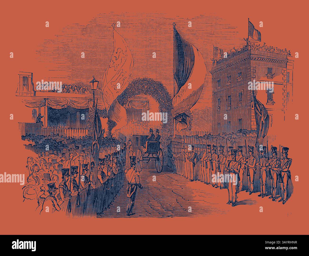 Un grand défilé célèbre un événement remarquable, avec une calèche tirée par des chevaux entourée d'une foule enthousiaste. Des drapeaux et des arches décoratives ornent la rue, tandis que les soldats sont à l’affût, créant une atmosphère festive et patriotique. Visite du roi des Français à la reine Victoria : le roi Louis Philippe entre dans la gare Art classique avec une touche moderne réinventée par Artotop Banque D'Images