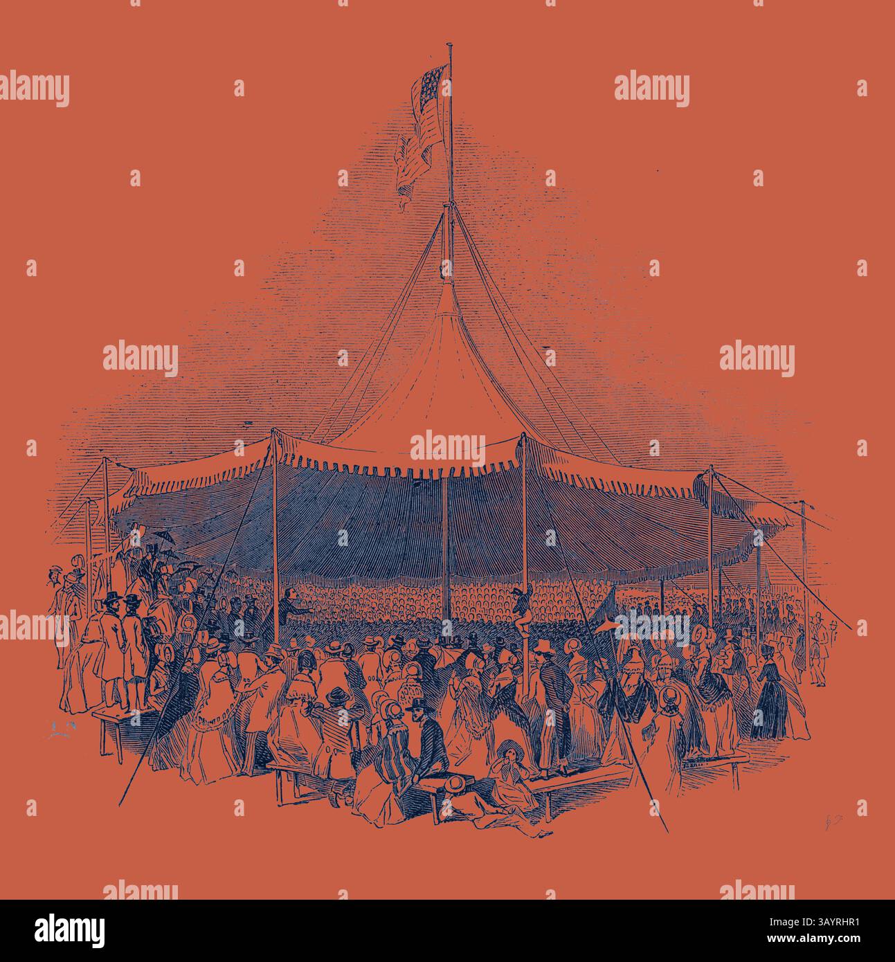 Une grande tente de cirque se tient bien en vue, remplie de spectateurs rassemblés en prévision du spectacle. Les gens en tenue d'époque sont vus assis et debout autour, créant une atmosphère animée sous le drapeau américain agitant au-dessus. Intérieur du Great Marquee Classic Art avec une touche moderne réinventée par Artotop Banque D'Images