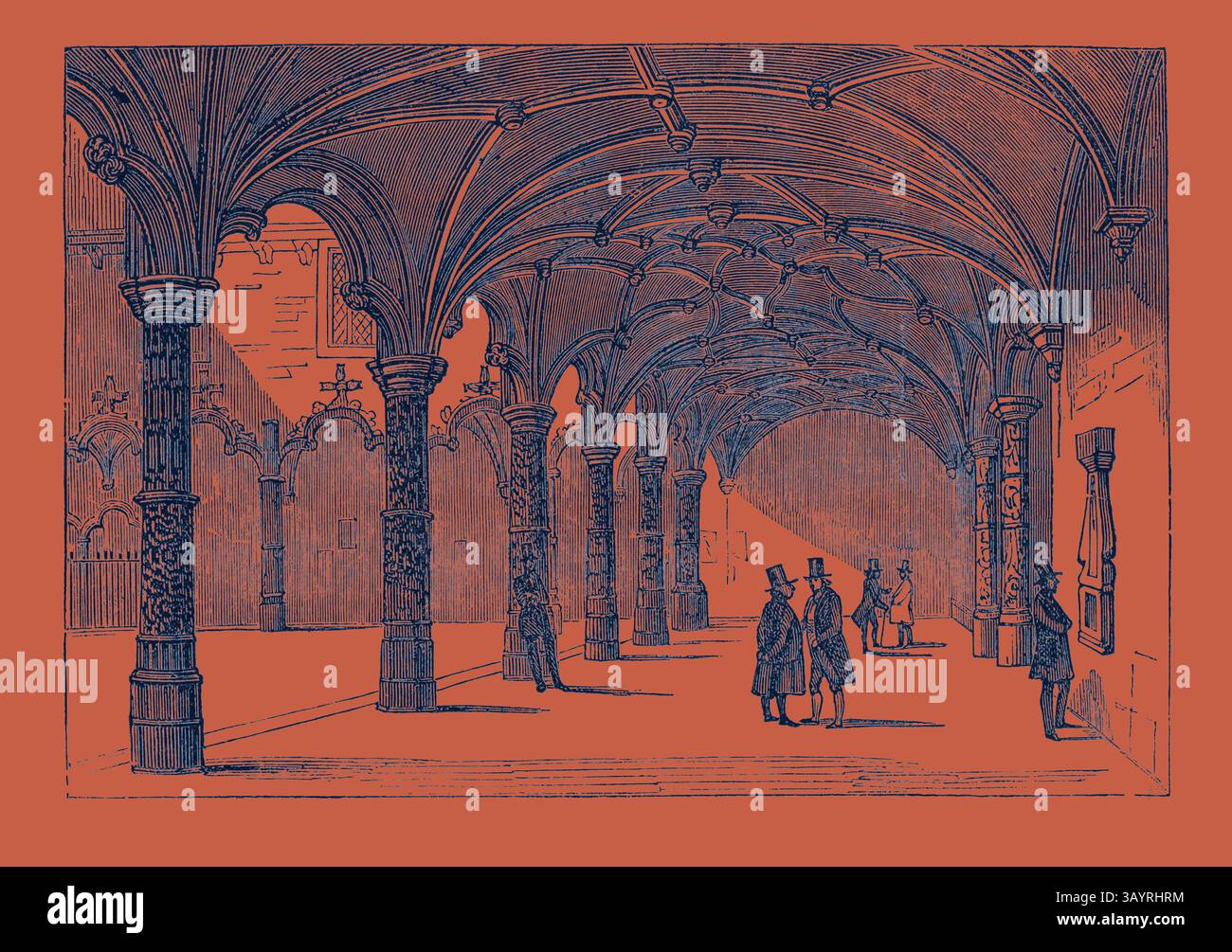 Un grand couloir voûté présente des arches de conception complexe soutenues par des colonnes ornées. Des personnages en tenue d'époque s'engagent dans la conversation, tandis que d'autres observent des œuvres d'art exposées sur les murs, créant une scène riche en histoire et en exploration culturelle. La Bourse à Antwerp Art classique avec une touche moderne réinventée par Artotop Banque D'Images