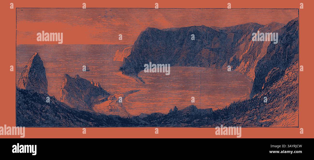 Un paysage côtier serein présente des falaises escarpées entourant une baie tranquille, avec un bateau lointain naviguant doucement sur l'eau, évoquant un sentiment de calme et d'exploration. L'île de Paul : le Crater 1871 Art classique avec une touche moderne réinventée par Artotop Banque D'Images