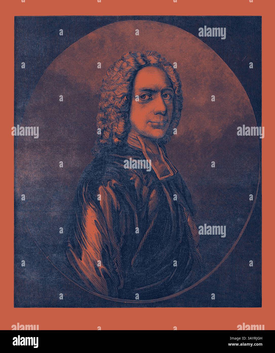 Portrait historique d'un homme aux cheveux bouclés, vêtu d'un manteau sombre, regardant soigneusement le côté sur un fond contrasté. Isaac Watts Art classique avec une touche moderne réinventée par Artotop Banque D'Images