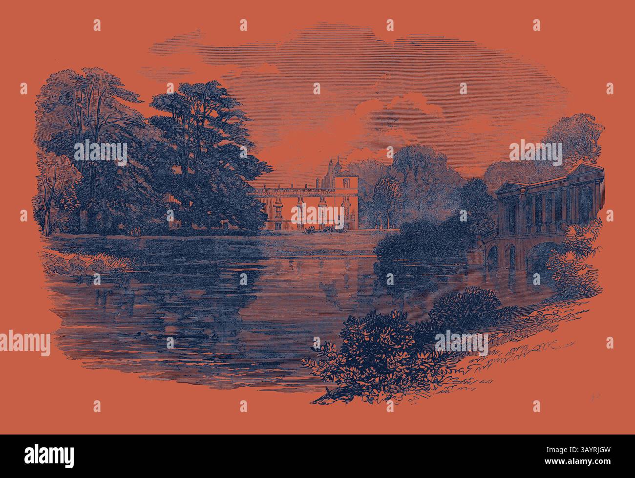 Un paysage serein avec un grand bâtiment entouré d'arbres luxuriants, reflétant gracieusement sur une surface d'eau calme, avec un charmant pont voûtant sur la rivière au premier plan. Wilton House près de Salisbury le siège du comte de Pembroke 1871 Art classique avec une touche moderne réinventée par Artotop Banque D'Images