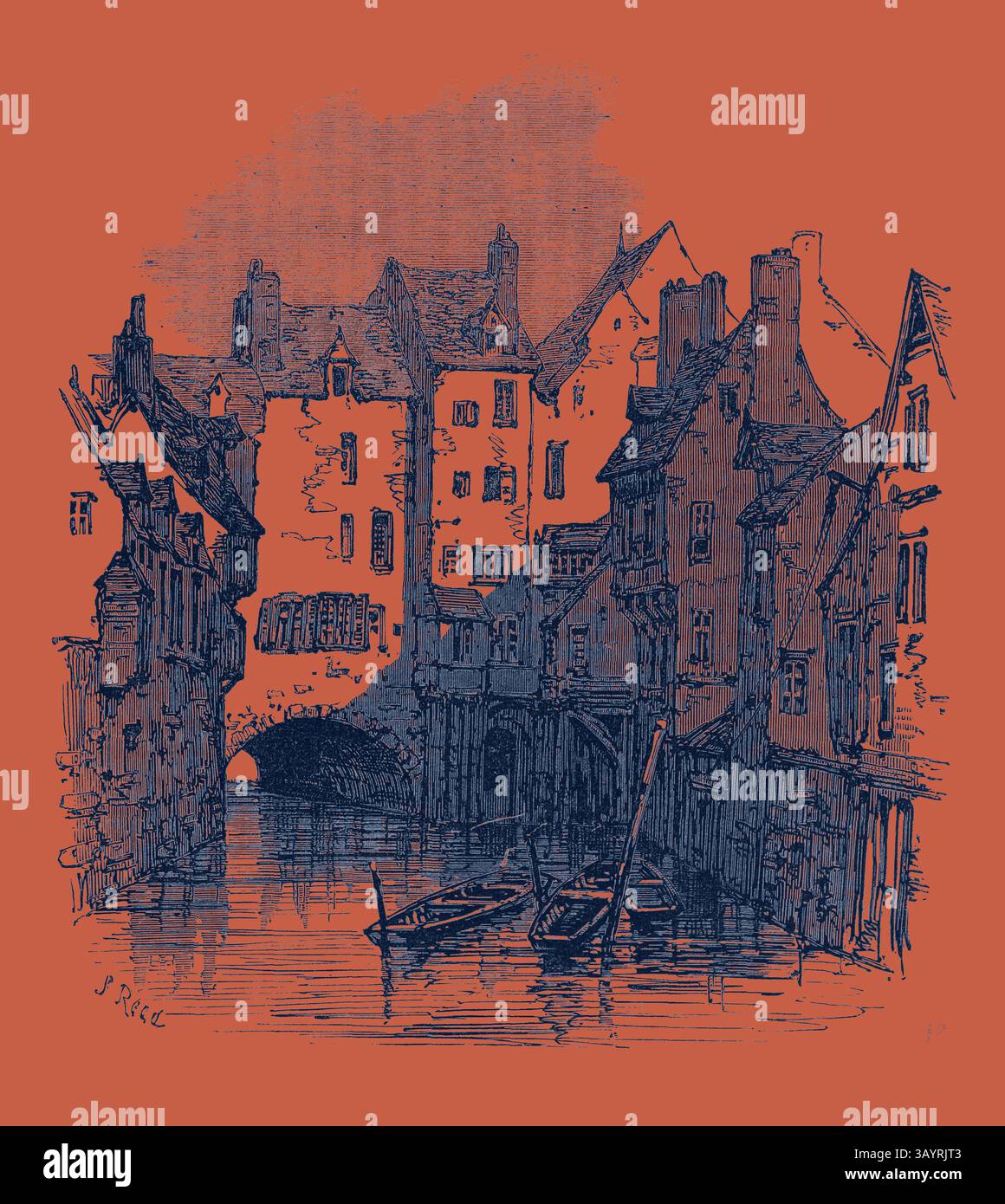 Une scène sereine au bord de la rivière présente des bâtiments pittoresques bordant le front de mer, avec des bateaux reposant doucement dans l'eau calme. Une arche en arrière-plan fait allusion à un charmant pont, tandis que les détails complexes de l'architecture évoquent un sens de l'histoire et de la nostalgie. Sur le canal Abbeville 1871 Art classique avec une touche moderne réinventé par Artotop Banque D'Images