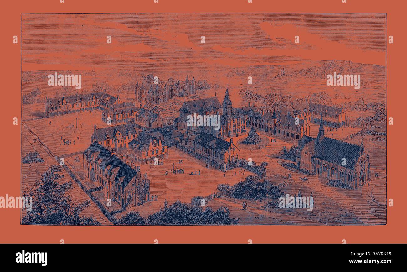 Une vue aérienne détaillée d'un domaine tentaculaire, présentant divers bâtiments, des zones herbeuses et des groupes de personnes engagées dans des activités, le tout sur fond de collines et d'arbres au loin. The London Orphan Asylum Watford 1871 Art classique avec une touche moderne réinventée par Artotop Banque D'Images