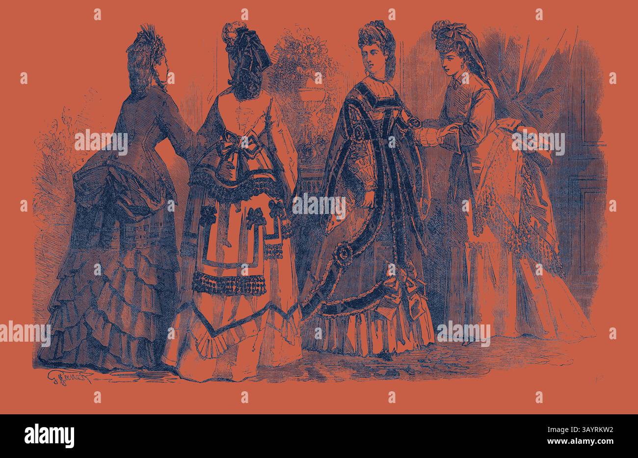 Un groupe de femmes élégamment habillées d'une époque passée sont engagées dans une conversation expressive, mettant en valeur les modes complexes de l'époque, avec des motifs détaillés et des accessoires qui mettent en valeur leurs styles distinctifs et leur statut social. Paris Fashions pour le mois 1871 Art classique avec une touche moderne réinventée par Artotop Banque D'Images
