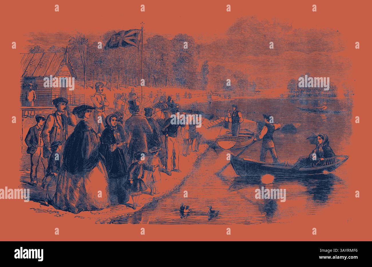 Un rassemblement au bord de l'eau présente un groupe diversifié de personnes, y compris des familles et des individus en tenue d'époque. Les bateaux sont ancrés à proximité, et un drapeau bat en arrière-plan, tandis que les canards nagent dans l'eau calme, créant une scène animée mais sereine. Bateaux de plaisance sur l'eau ornementale dans Regent's Park Art classique avec une touche moderne réinventée par Artotop Banque D'Images