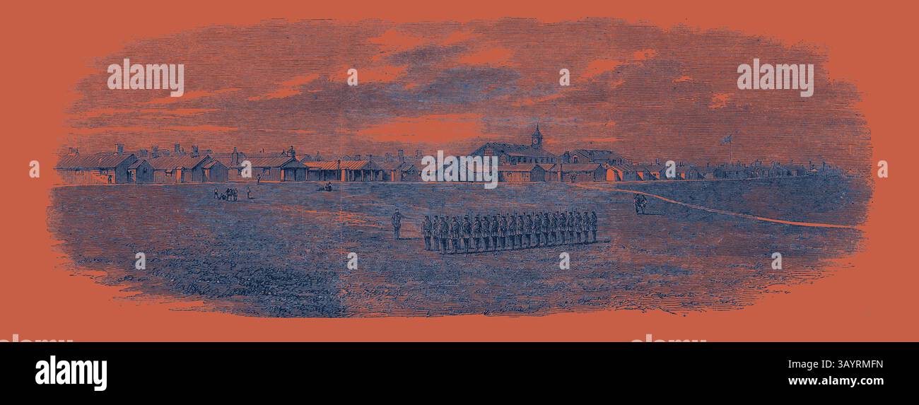 Une scène historique représentant un campement militaire, avec des soldats alignés en formation au premier plan et à la caserne et une structure de commandement visible en arrière-plan contre un ciel dramatique. Vue nord d'une partie du Curragh Camp Église anglaise Église catholique romaine Prince de Galles en Irlande 13 juillet 1861 Art classique avec une touche moderne réinventé par Artotop Banque D'Images