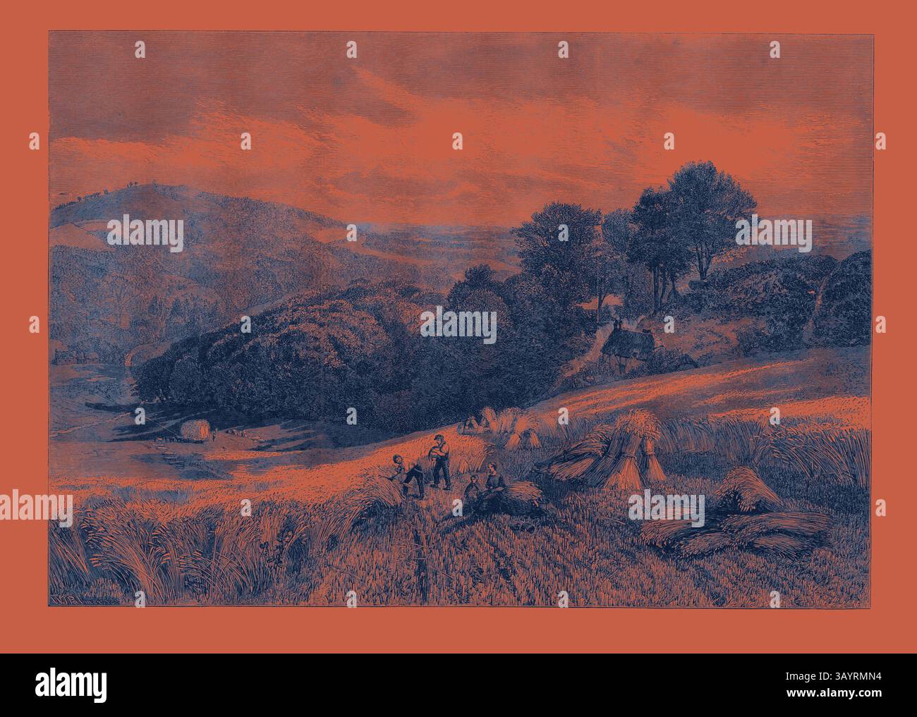 Un paysage serein avec des collines vallonnées, une végétation luxuriante et un plan d'eau calme. Au premier plan, un groupe d'individus se réunit près d'un champ, incarnant un sentiment de tranquillité et d'harmonie avec la nature. Les arbres s'élèvent en arrière-plan, encadrant la scène avec une étreinte naturelle. Un champ de maïs du Surrey de l'exposition de la Society of British Artists Art classique avec une touche moderne réinventée par Artotop Banque D'Images