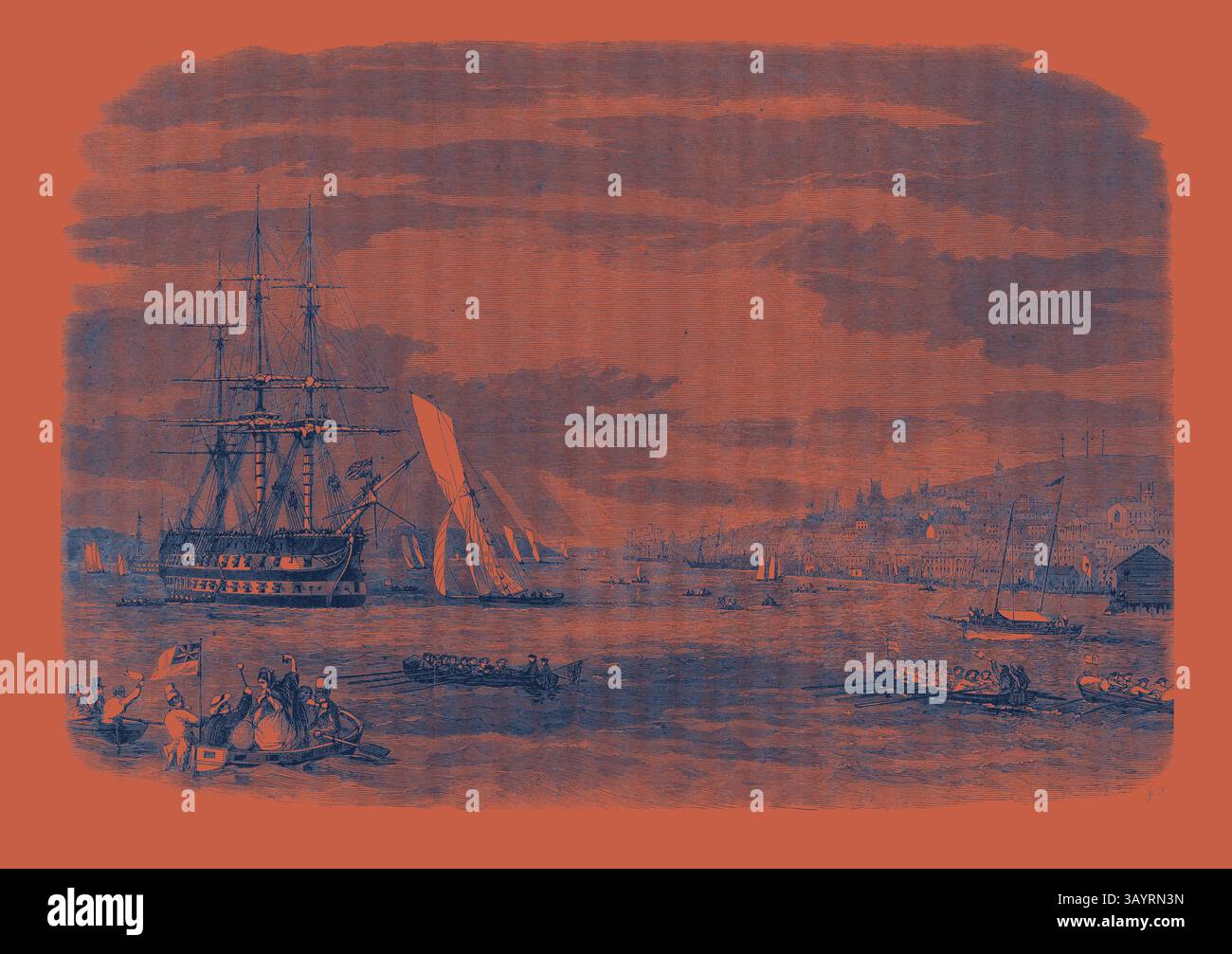 Une scène maritime animée représente un majestueux voilier ancré près d'une côte animée, où de plus petits bateaux naviguent sur les eaux. En arrière-plan, une ville portuaire animée est visible, avec des bâtiments et des mâts silhouettés sur un ciel dramatique, évoquant un sentiment d’aventure et de commerce en haute mer. Régate à Halifax Harbour Nova Scotia Sailing match pour la Prince of Wales' Cup : The Winning Yacht Wave Crossing the Bows of the George Classic art avec une touche moderne réinventée par Artotop Banque D'Images