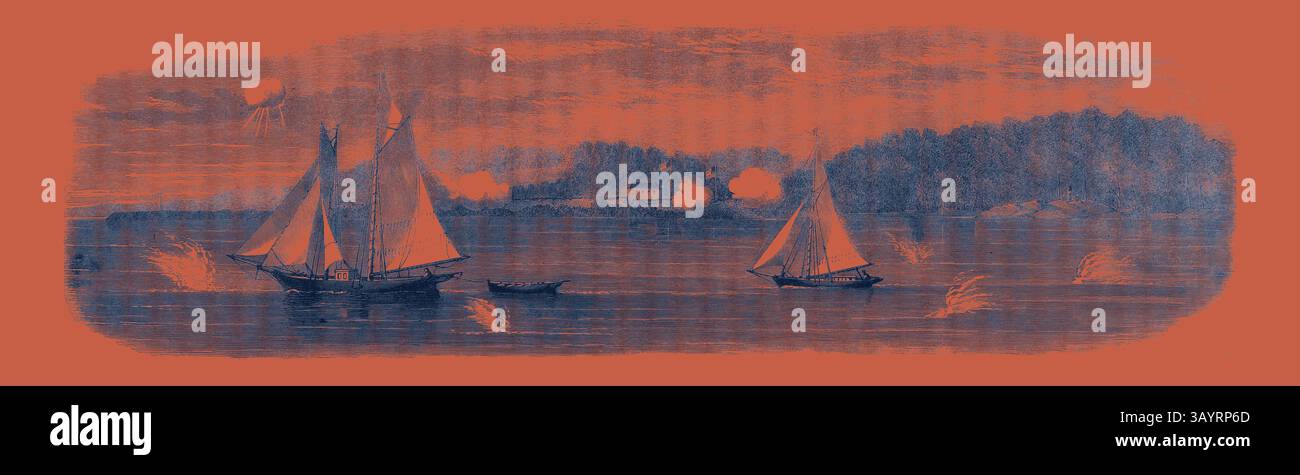 Les voiliers glissent sur un plan d'eau calme, avec un terrain lointain avec un bâtiment au milieu d'arbres luxuriants. La scène évoque un sentiment de tranquillité maritime, mis en évidence par le mouvement des bateaux et les vagues subtiles. La guerre de Sécession en Amérique : les batteries confédérées sur le Lower Potomac Virginia Shore en face de Budd's Ferry Government Store Schooners exécutant le blocus art classique avec une touche moderne réinventée par Artotop Banque D'Images