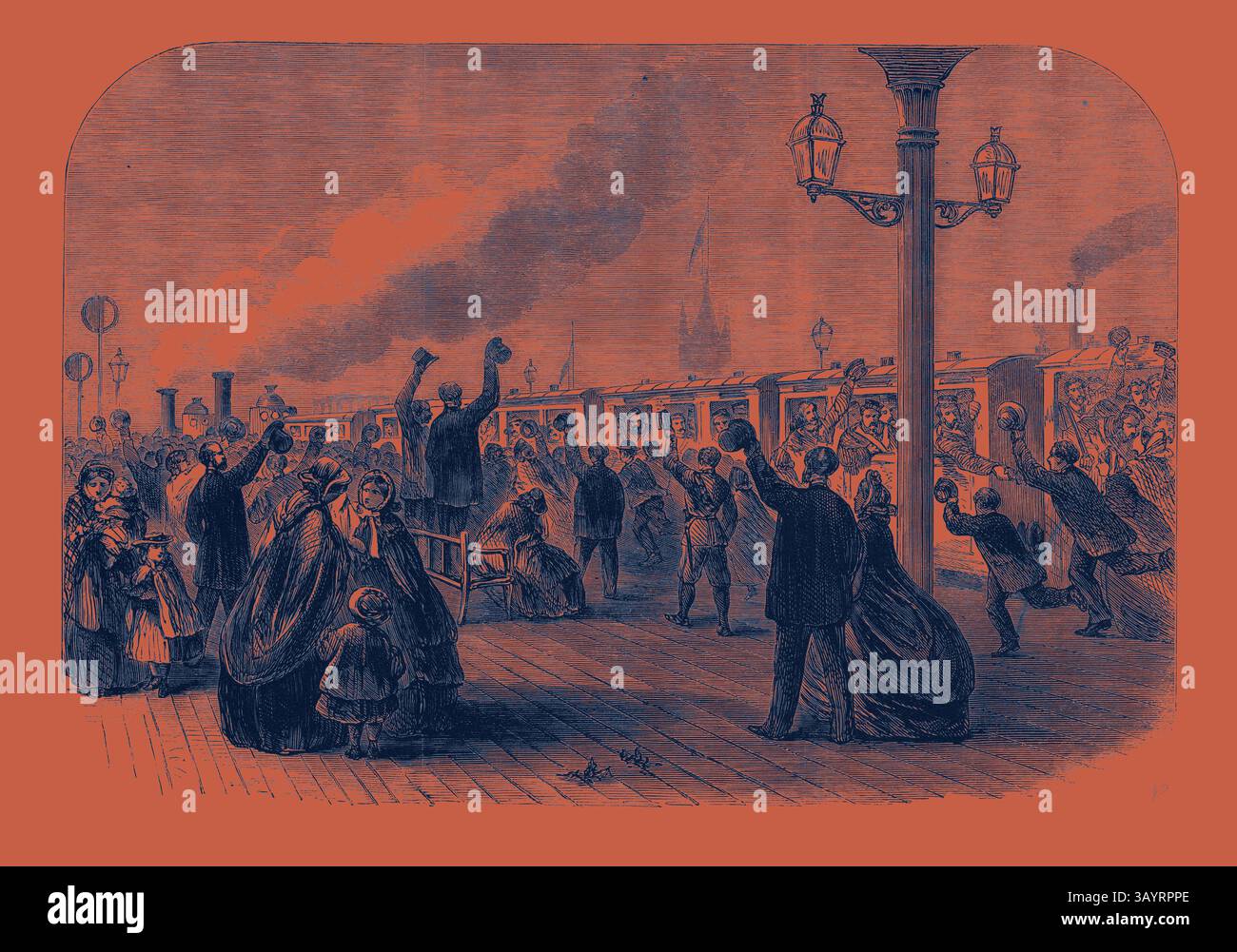 Une scène animée capture une foule nombreuse réunie dans une gare, avec des gens agitant et faisant des gestes à l'arrivée des trains. Les familles et les individus affichent un mélange de joie et d'anticipation, tandis que les trains et lampadaires vintage encadrent l'atmosphère animée du voyage et du départ. Renforts pour le Canada : les gardes quittant la gare du Sud-Ouest pour Southampton décembre 28 1861 Art classique avec une touche moderne réinventé par Artotop Banque D'Images