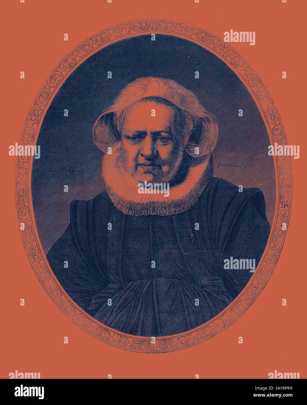 Portrait historique d'une femme aux cheveux blancs distinctifs coiffés de boucles douces, vêtue d'un col orné. Son expression sérieuse est encadrée dans une bordure ovale élaborée, mettant en valeur le savoir-faire artisanal de l'époque. Portrait d'une vieille femme, à la National Gallery 1868 Art classique avec une touche moderne réinventé par Artotop Banque D'Images