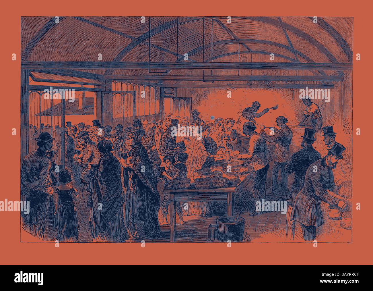 Une scène animée à l'intérieur d'une salle commune où de nombreuses personnes se rassemblent pour partager de la nourriture, engager la conversation et se servir les uns les autres, reflétant un esprit de communauté et de charité. L'atmosphère est remplie d'activités, les hommes, les femmes et les enfants interagissent, mettant en évidence un moment de convivialité et de générosité. Distribution de soupe à The Strangers' Home Limehouse 1868 Art classique avec une touche moderne réinventée par Artotop Banque D'Images