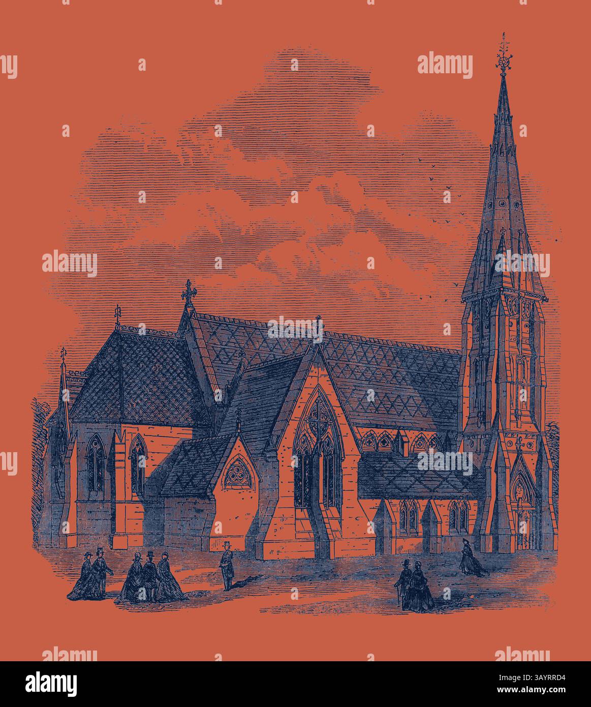 Illustration architecturale détaillée d'une église de style gothique, avec des toits complexes et une flèche haute, avec des personnages habillés d'une tenue d'époque rassemblés au premier plan contre un ciel spectaculaire. Mark's Church Broadwater Down Tunbridge Wells 1868 Art classique avec une touche moderne réinventé par Artotop Banque D'Images