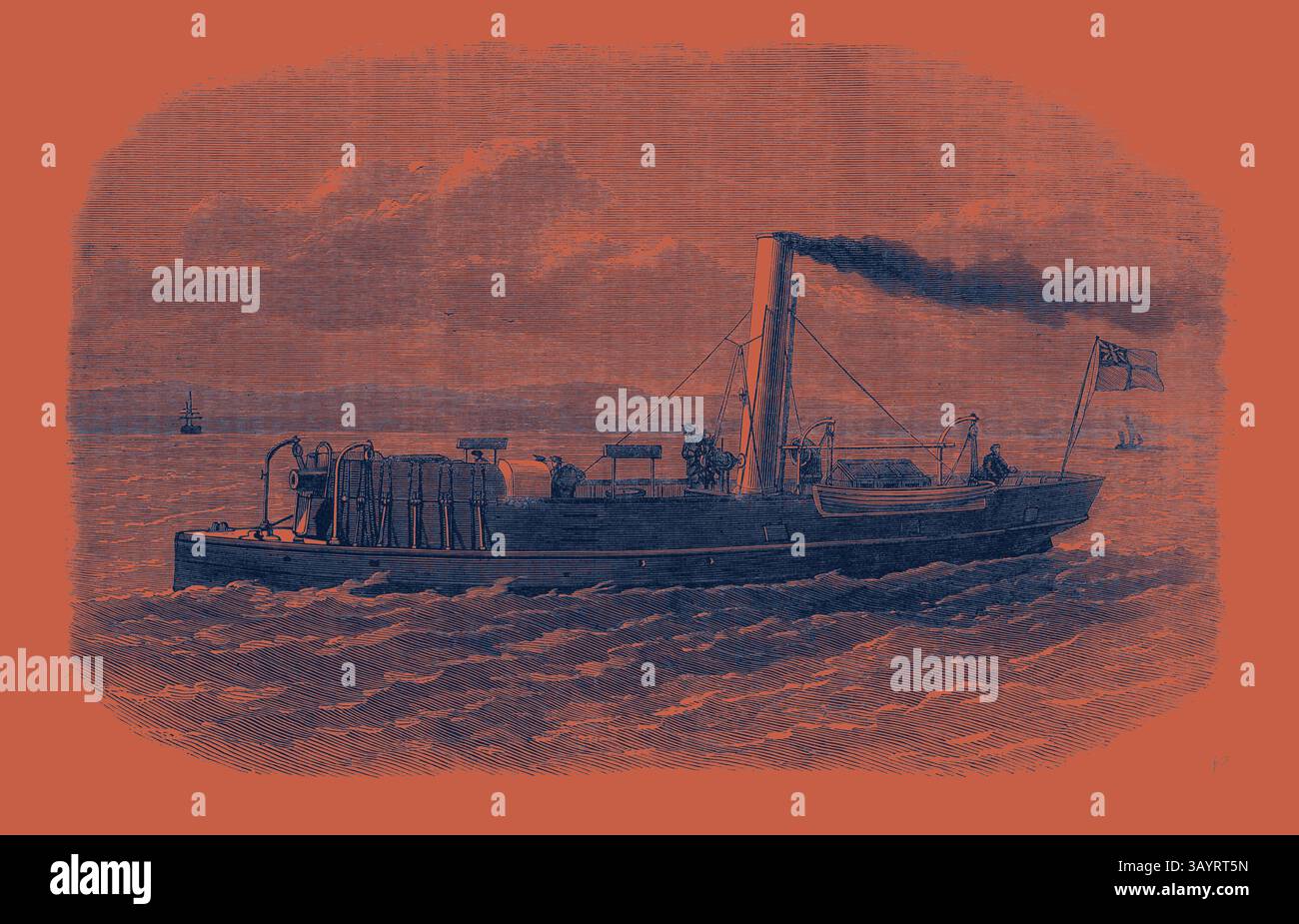 Un navire à vapeur navigue dans des eaux agitées, avec de la fumée qui jaillit de sa cheminée et un drapeau qui flotte haut. À proximité, de plus petits bateaux peuvent être vus au loin contre un ciel spectaculaire. Le New gun-boat Staunch construit à Elswick Newcastle-on-Tyne 1868 Classic art avec une touche moderne réinventée par Artotop Banque D'Images