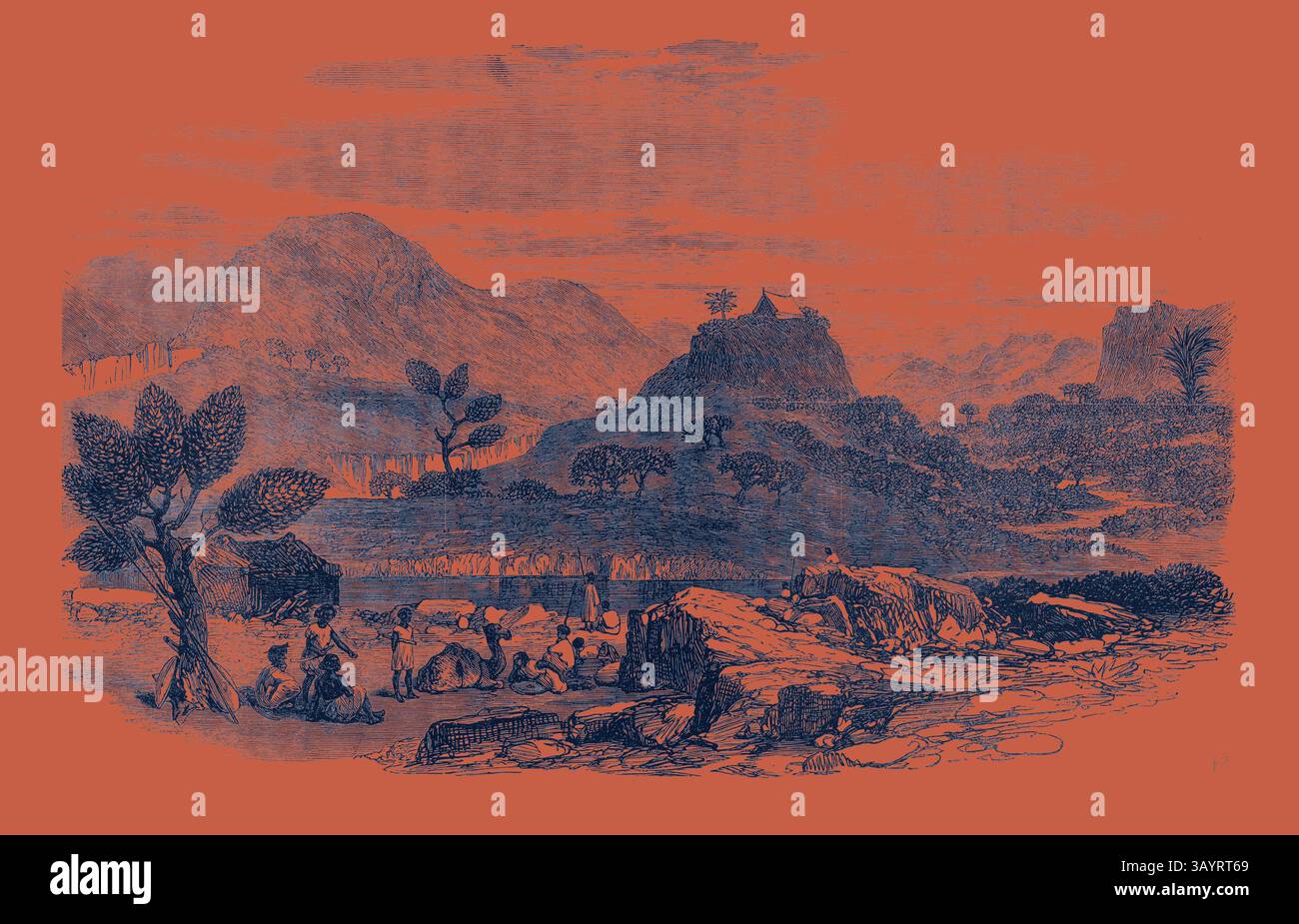 Un paysage serein avec des montagnes lointaines, une végétation éparpillée et un plan d'eau calme. Au premier plan, un groupe de personnes est rassemblé, engagé dans leurs activités au milieu d'un cadre naturel, véhiculant un sentiment de tranquillité et d'harmonie avec la nature. L'expédition abyssinienne : les sources chaudes d'Ailet 1868 Art classique avec une touche moderne réinventée par Artotop Banque D'Images