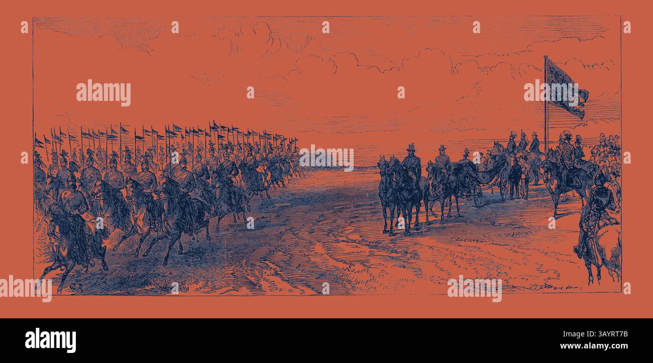 Une charge de cavalerie est représentée, avec une formation de soldats montés à gauche et un groupe commandant à droite, chacun orné de drapeaux. La scène est placée contre un vaste ciel, soulignant l'intensité du moment où ils s'approchent à travers un paysage ouvert. Visite du prince et de la princesse de Galles en Irlande : commentaire à Phoenix Park : The 12th Lancers Galloping Past 1868 Art classique avec une touche moderne réinventé par Artotop Banque D'Images