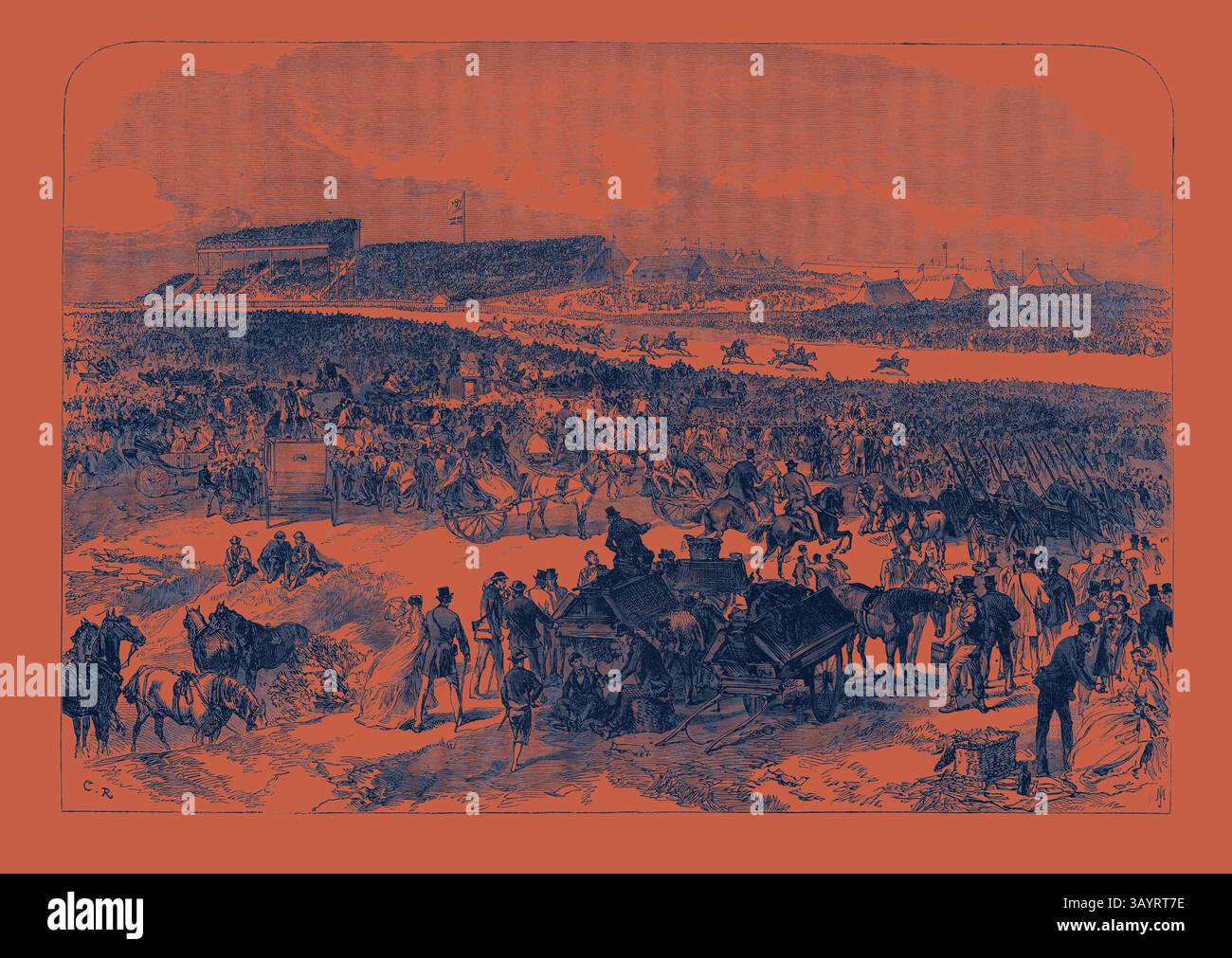 Une scène animée remplie de foules, de véhicules tirés par des chevaux et de diverses activités, sur fond de tentes et de structures lointaines. Les gens se rassemblent dans une interaction animée, créant une atmosphère vivante d'un événement ou d'une foire communautaire. Visite du Prince et de la Princesse de Galles en Irlande : vue d'ensemble des courses de Punchestown 1868 Art classique avec une touche moderne réinventé par Artotop Banque D'Images