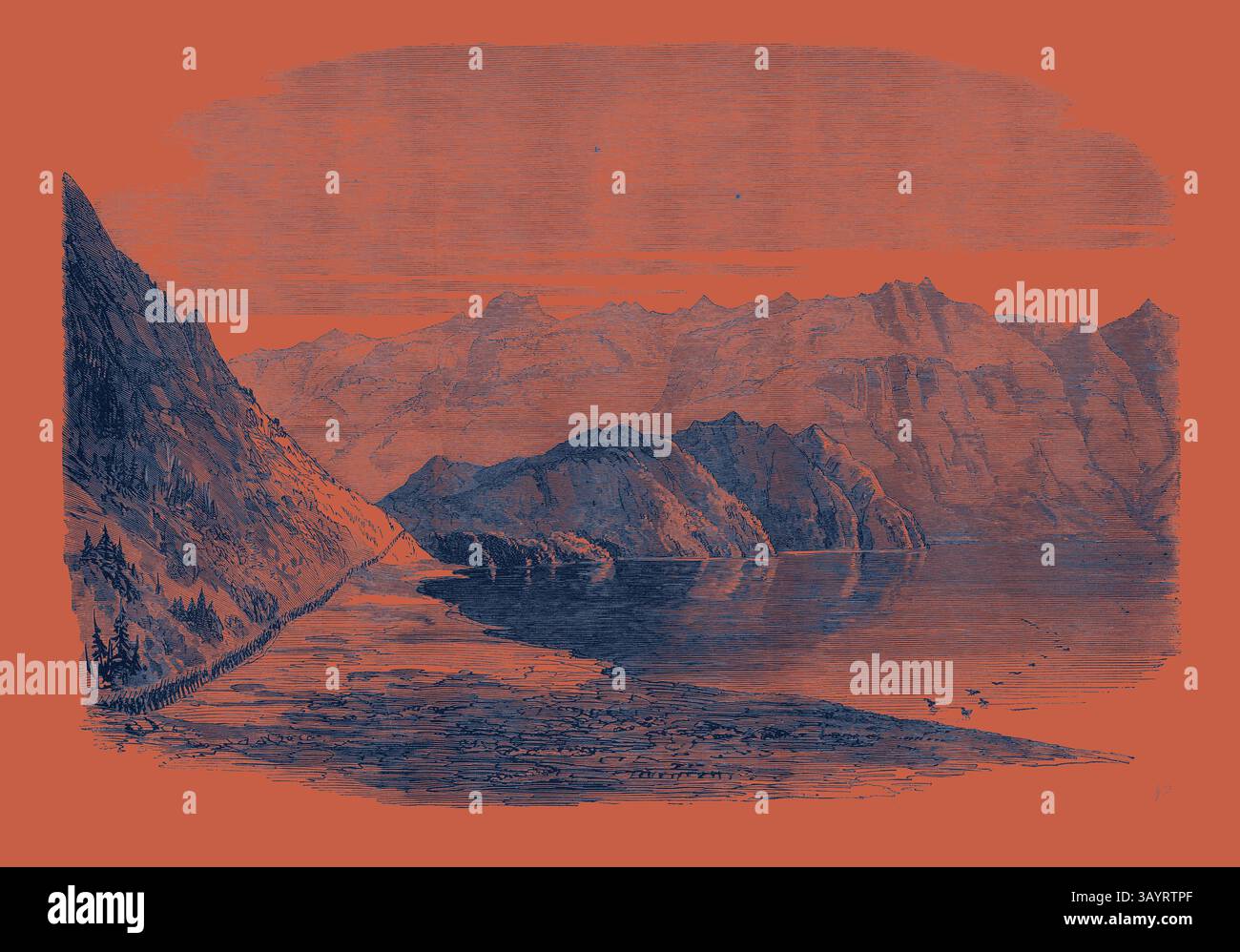 Un paysage serein avec des montagnes déchiquetées s'élevant de façon spectaculaire au-dessus d'un plan d'eau calme, avec un rivage sinueux bordé d'arbres et de personnages lointains, le tout dans un cadre vibrant et chaleureux. L'expédition britannique en Abyssinie : Marche de l'armée devant le lac Ashangi 1868 Art classique avec une touche moderne réinventée par Artotop Banque D'Images