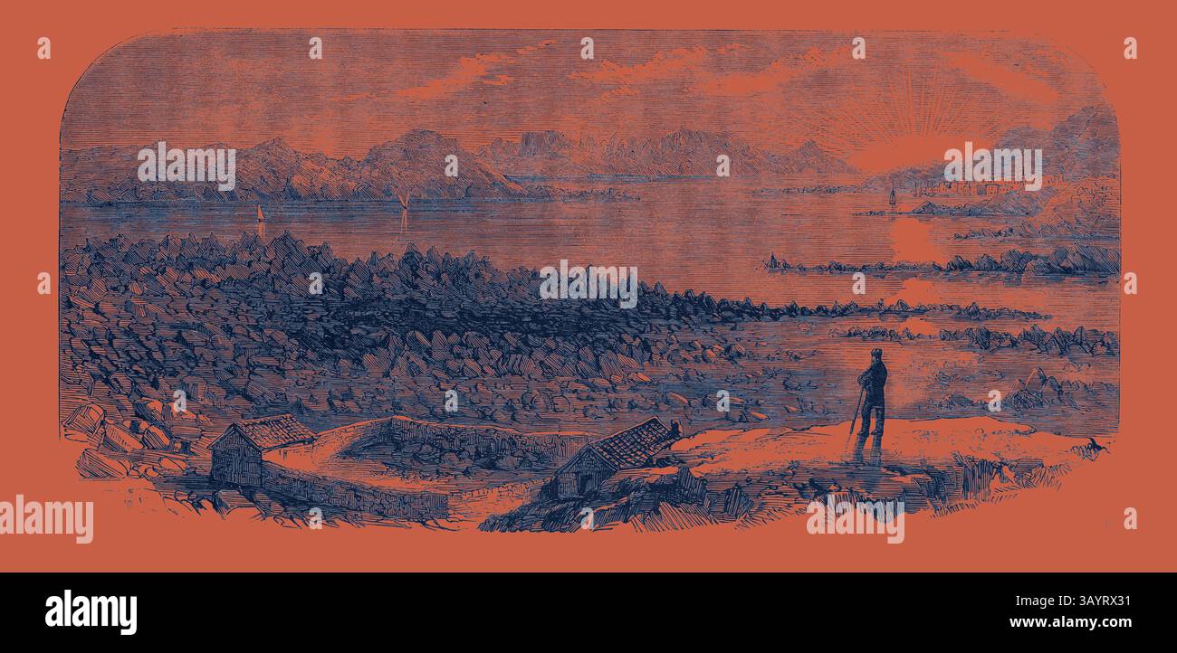 Une figure solitaire se tient au bord d'un rivage rocheux, regardant au-dessus d'un plan d'eau calme. Au loin, les montagnes sereines s'élèvent sur fond de lumière douce et brillante, tandis que les petits bateaux dérivent paisiblement. La scène capture un moment de contemplation tranquille au milieu d'un paysage à couper le souffle. Vue depuis la plate-forme du rocher à l'arrière de la maison Caprera art classique de Garibaldi avec une touche moderne réinventée par Artotop Banque D'Images