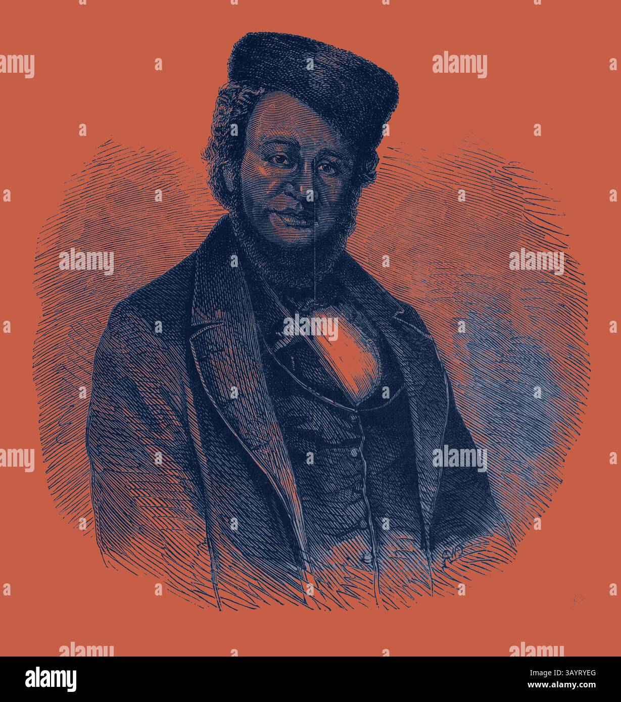 Portrait historique d'un homme vêtu de vêtements du XIXe siècle, avec un chapeau distinctif et un sourire invitant, entouré d'un fond texturé qui renforce sa présence. John Anderson L'esclave fugitif au Canada Art classique avec une touche moderne réinventée par Artotop Banque D'Images