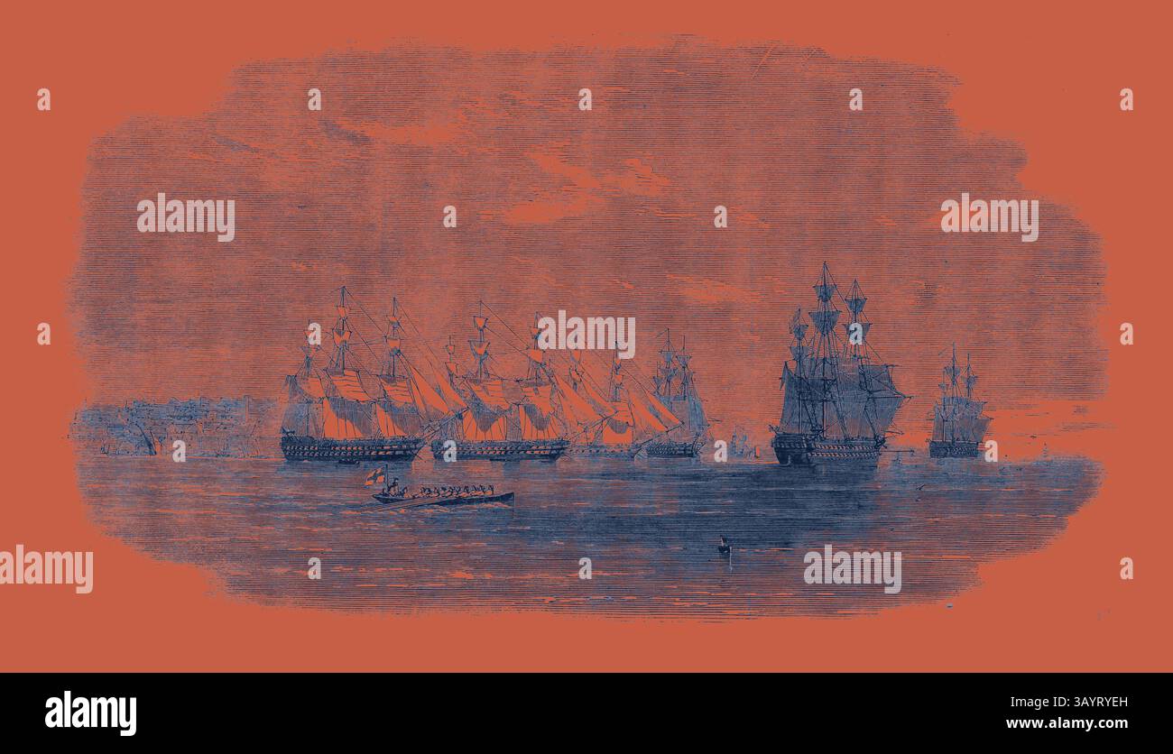 Une flotte de voiliers majestueux aux voiles gonflées, ancrés dans un port calme, tandis que de petits bateaux naviguent sur l'eau à proximité, le tout sur fond de pente. La flotte britannique se trouve dans le Roadstead de Beyrout Classic art avec une touche moderne réinventée par Artotop Banque D'Images