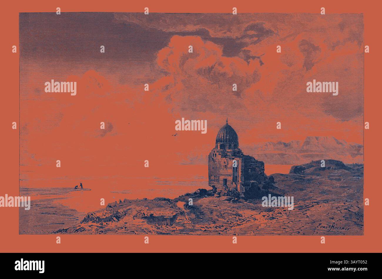 Une scène côtière sereine présente une structure altérée avec un toit en dôme, perché sur un rivage rocheux. Le ciel est rempli de nuages spectaculaires, tandis qu'un petit bateau glisse sur les eaux tranquilles au loin, créant un sentiment de solitude paisible. Les montagnes Ataka. Egypte, gravure 1879 Art classique avec une touche moderne réinventée par Artotop Banque D'Images