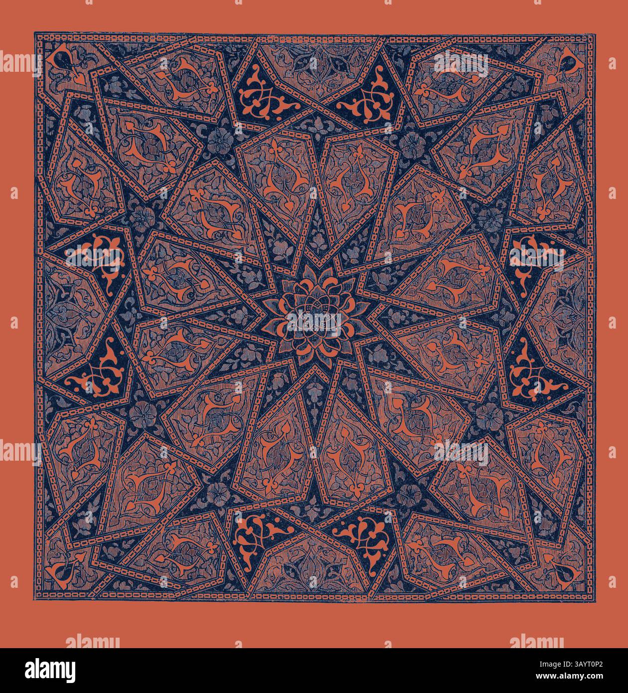 Des motifs géométriques complexes et des motifs floraux stylisés s'entrelacent pour créer une tapisserie fascinante de symétrie et d'art, mettant en valeur un riche mélange de tradition et de savoir-faire. ORNEMENT DE LA PAGE-TITRE D'UN ANCIEN MANUSCRIT DU CORAN, DANS LA BIBLIOTHÈQUE DU VICE-ROI AU CAIRE. Egypte, gravure 1879 Art classique avec une touche moderne réinventée par Artotop Banque D'Images