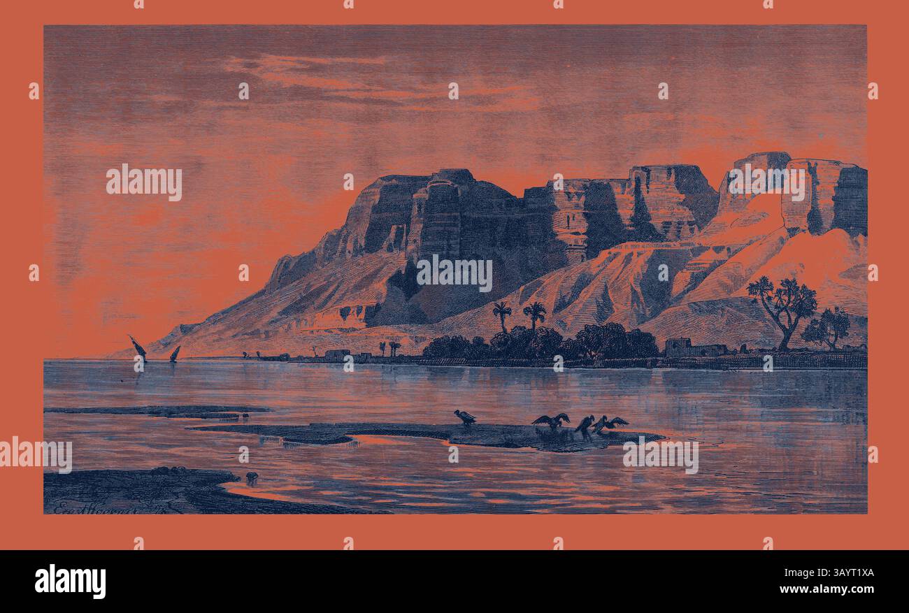 Un paysage serein présente des falaises imposantes reflétées dans un plan d'eau calme, avec des silhouettes d'arbres et des personnages lointains ajoutant de la profondeur à la scène tranquille. Les couleurs contrastées accentuent la beauté dramatique de la nature. FAWDAII. Egypte, gravure 1879 Art classique avec une touche moderne réinventée par Artotop Banque D'Images