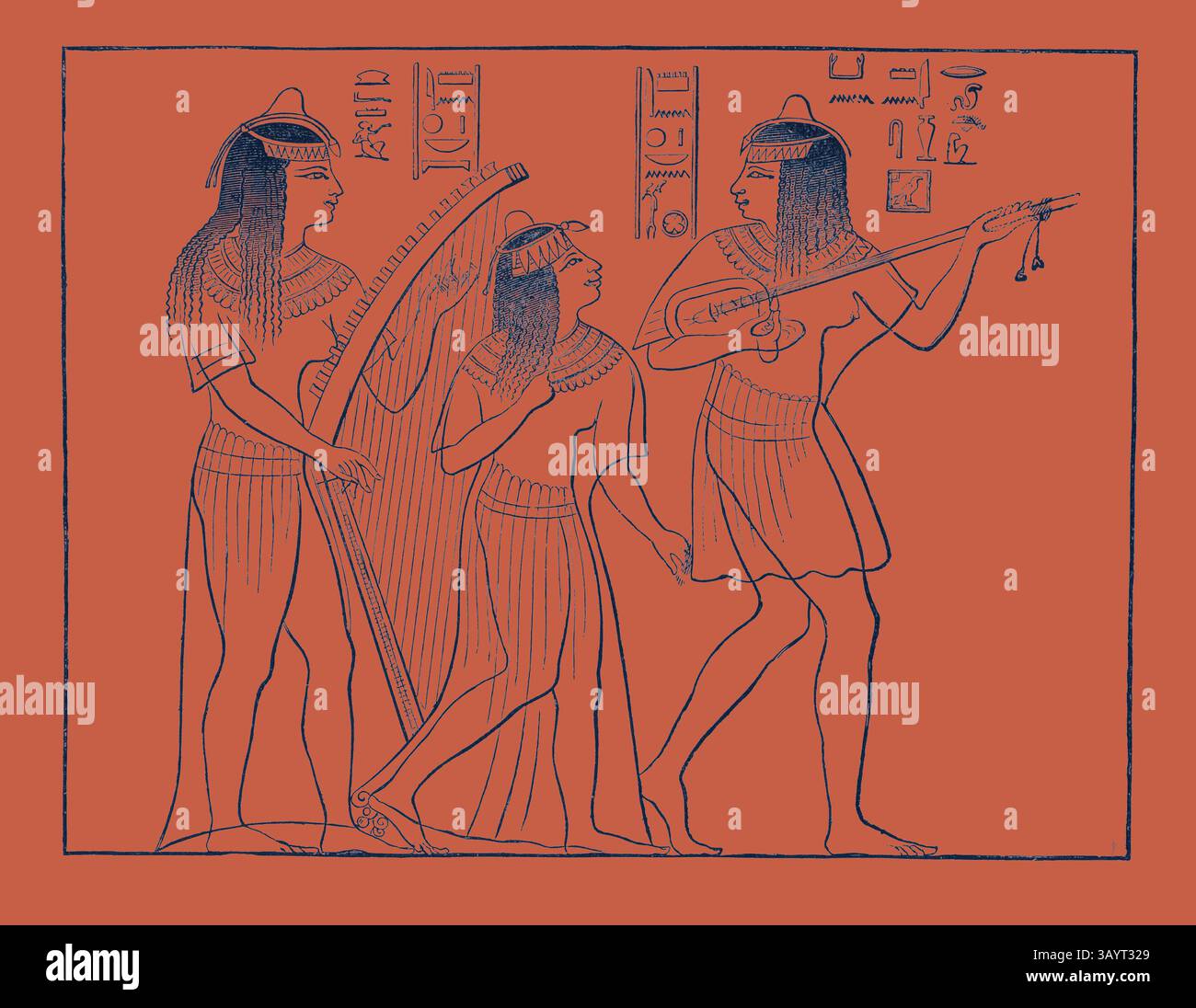 Trois personnages sont représentés, chacun portant une tenue ancienne traditionnelle. Un personnage joue de la harpe, tandis qu'un autre tient un instrument de musique. La troisième figure, positionnée au centre, semble s’engager avec les autres, mettant l’accent sur un sens de l’harmonie et de l’expression culturelle. Des hiéroglyphes ornent le fond, faisant allusion à un récit riche en histoire. VIEUX MUSICIENS ÉGYPTIENS. Egypte, gravure 1879 Art classique avec une touche moderne réinventée par Artotop Banque D'Images