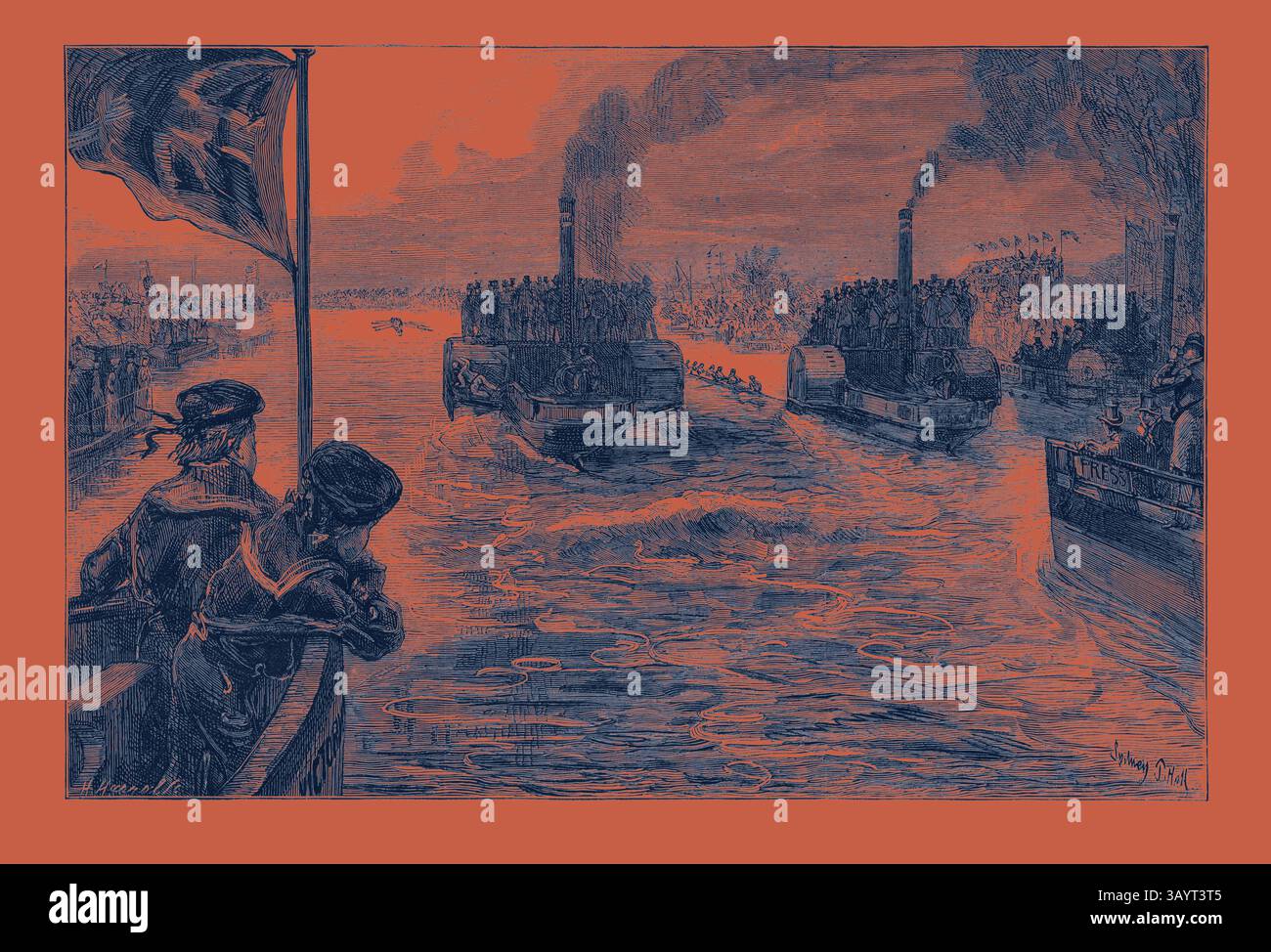 Une scène représentant la circulation fluviale animée, avec deux bateaux à vapeur remplis de passagers, naviguant gracieusement sur l'eau. Au premier plan, une personne se penche sur le côté d'un bateau, observant l'activité, tandis que les drapeaux flottent dans la brise, ajoutant à l'atmosphère vibrante de la voie navigable animée. The University Boat Race, un croquis du Press Boat, art classique britannique avec une touche moderne réinventée par Artotop Banque D'Images