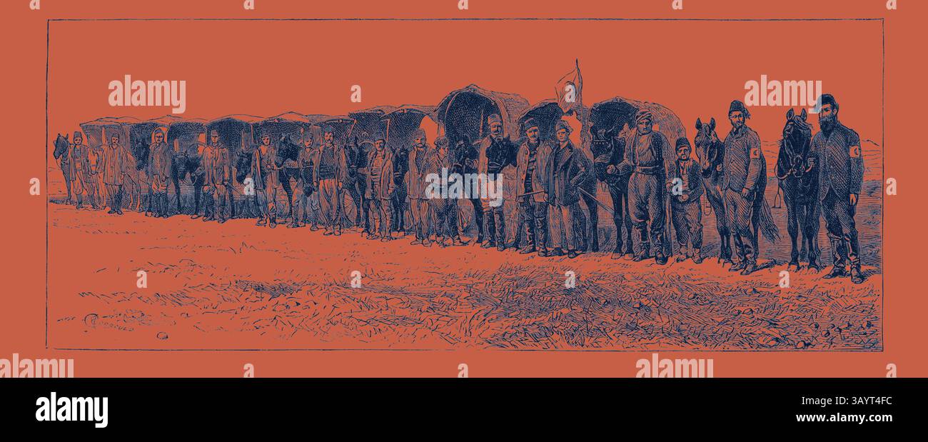 Une longue file d'individus vêtus de vêtements d'époque, certains portant des drapeaux, se tient à côté de chariots couverts et de chevaux, mettant en valeur un moment d'un événement historique ou d'un rassemblement. Le corps des ambulances de campagne du Dr Stoker (Stafford House Society), britannique en Turquie Art classique avec une touche moderne réinventée par Artotop Banque D'Images