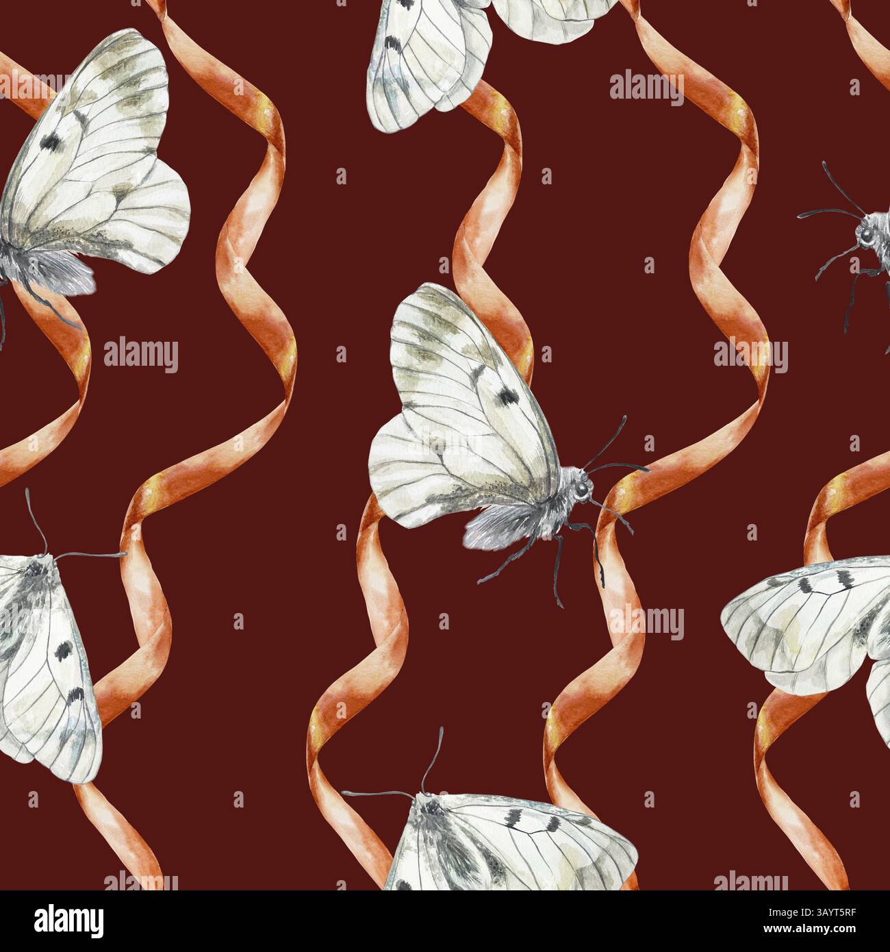 Papillons et rubans rouges motif sans couture. Illustration d'aquarelle dessinée à la main. Pour les cartes de voeux pour la fête des mères, anniversaire, papier d'emballage, wallpa Banque D'Images