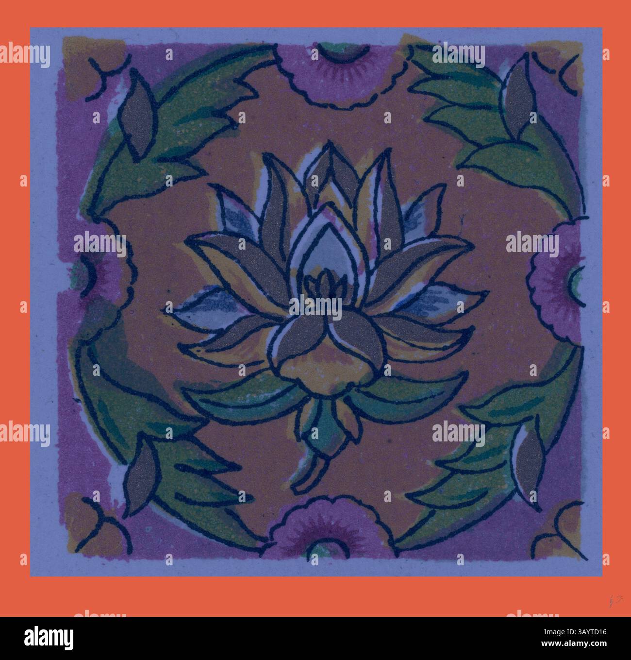 Un motif magnifiquement complexe avec une fleur de lotus centrale entourée de feuilles stylisées et d'éléments floraux, mettant en valeur un mélange harmonieux de couleurs et de formes. Persian Ornament Art classique avec une touche moderne réinventée par Artotop Banque D'Images