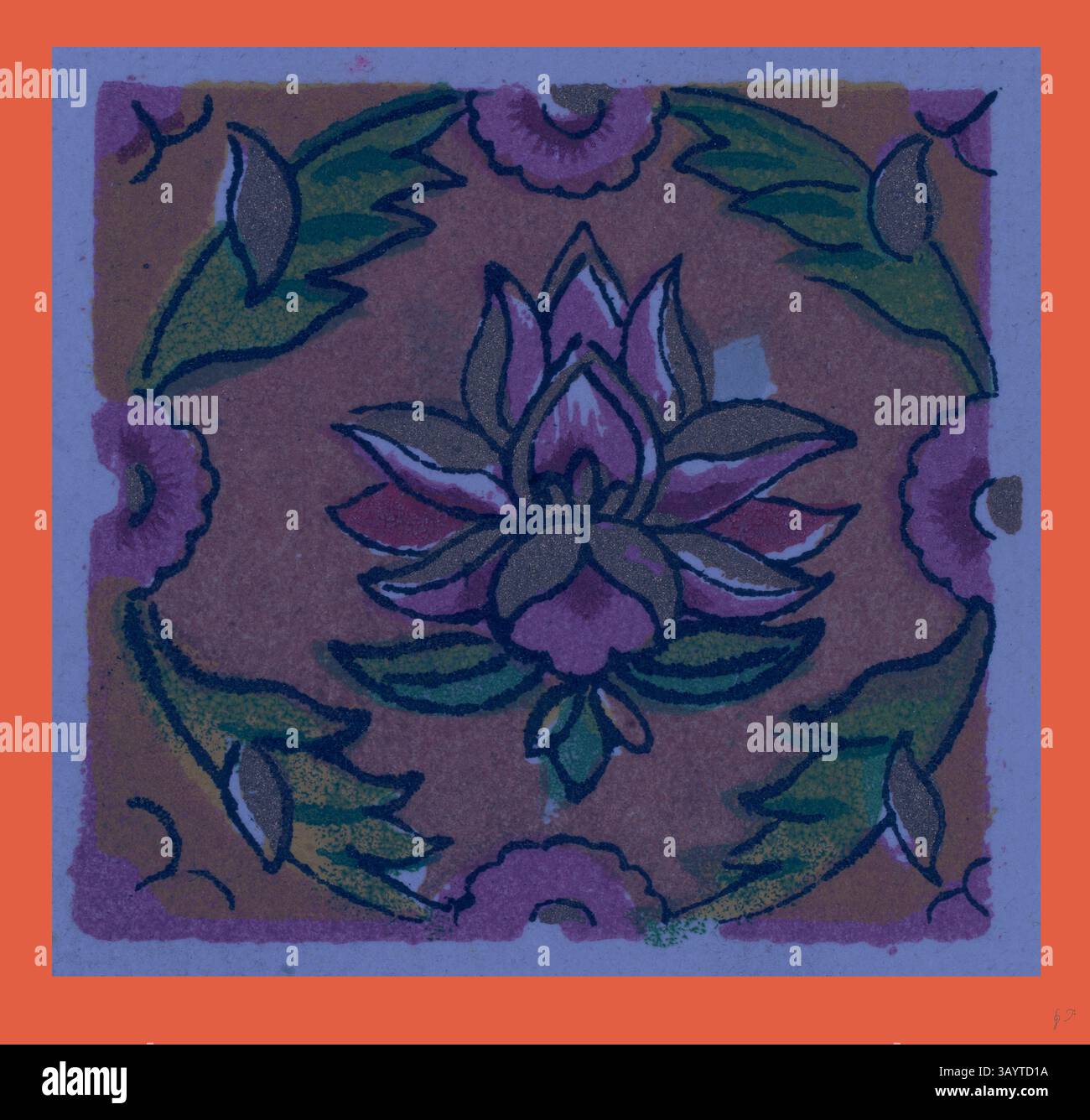 Un design complexe avec une fleur de lotus centrale, entouré de feuillage stylisé et de motifs floraux décoratifs, le tout sur un fond riche. Les couleurs se mélangent harmonieusement pour créer une composition élégante et sereine. Persian Ornament Art classique avec une touche moderne réinventée par Artotop Banque D'Images
