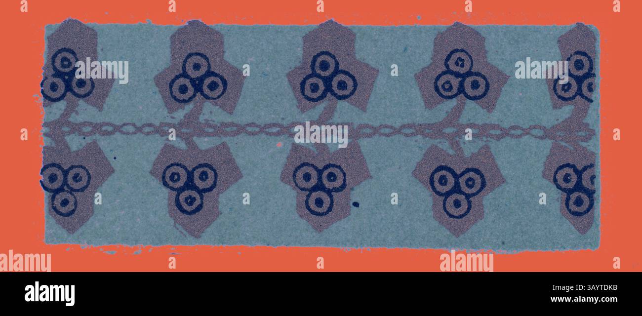 Un motif répétitif de fleurs stylisées avec des centres circulaires, disposés dans un design symétrique, sur un fond contrasté. Ornement indien Art classique avec une touche moderne réinventée par Artotop Banque D'Images