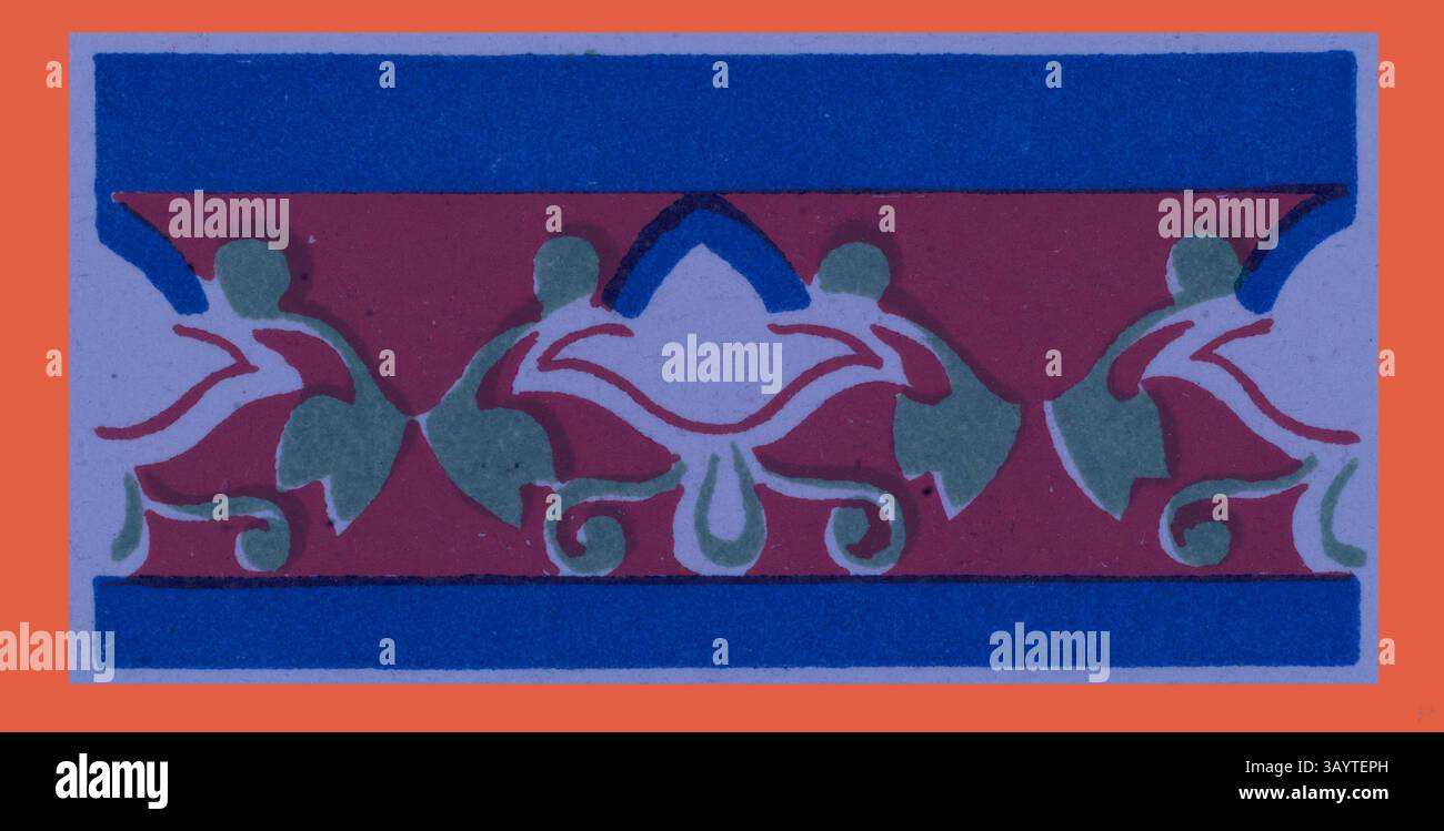 Une bordure décorative avec des motifs floraux et abstraits complexes, incorporant des nuances de vert, rouge et bleu, créant un design vibrant et artistique. Ornement indien Art classique avec une touche moderne réinventée par Artotop Banque D'Images