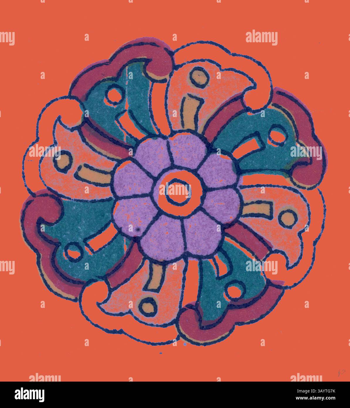 Un motif floral stylisé et vibrant avec une fleur violette centrale entourée de formes complexes dans les tons de bleu, orange et vert, le tout sur un fond rouge vif. Ornement chinois Art classique avec une touche moderne réinventée par Artotop Banque D'Images
