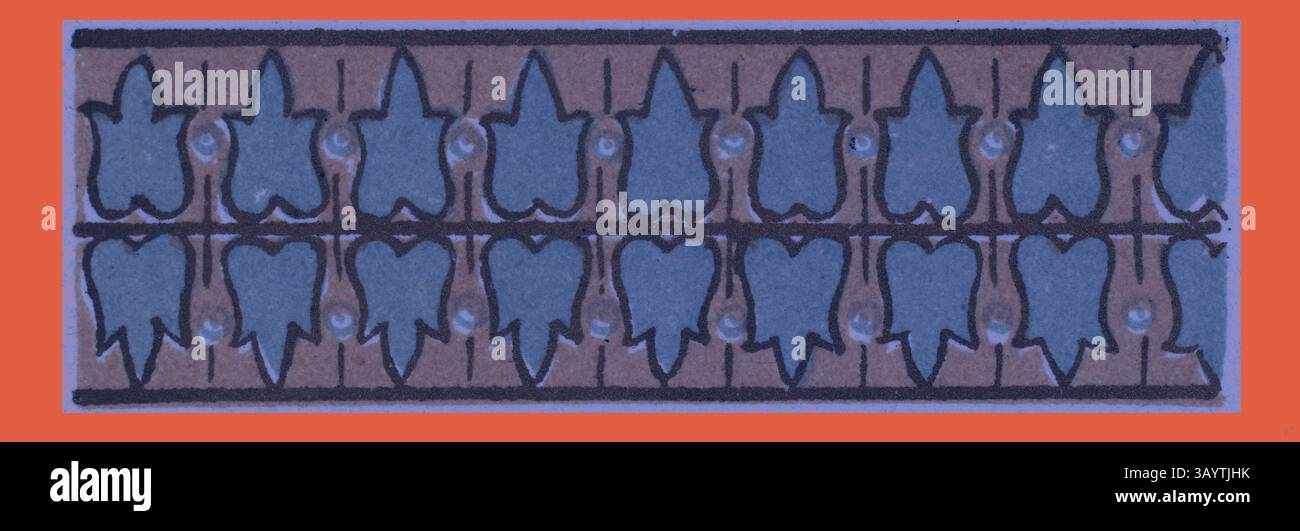 Une série de formes stylisées de feuilles et de fleurs disposées dans un motif linéaire, créant un motif décoratif visuellement frappant. Le design présente une alternance de couleurs et de contours qui améliorent ses détails complexes. Décoration Renaissance Art classique avec une touche moderne réinventée par Artotop Banque D'Images